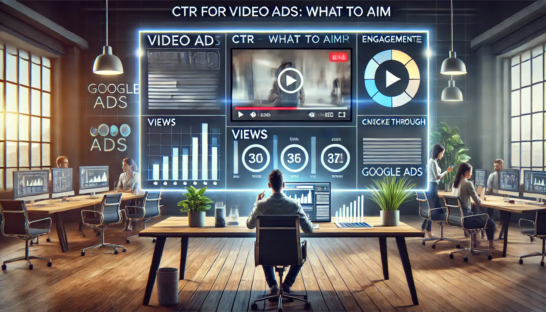 A marketer analyzing video ad performance metrics with visuals of engagement rates and CTR data.