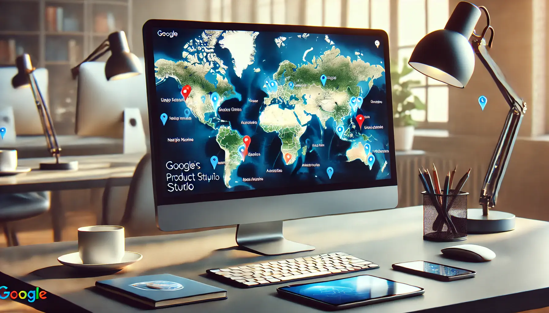 A computer screen displaying a world map with highlighted regions where Google's Product Studio is available, surrounded by business tools.