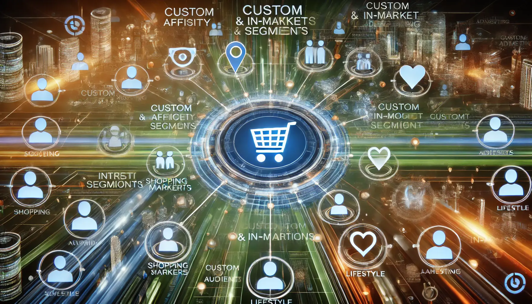 A futuristic digital depiction of audience clusters connected by data streams and symbols like shopping carts and lifestyle markers.