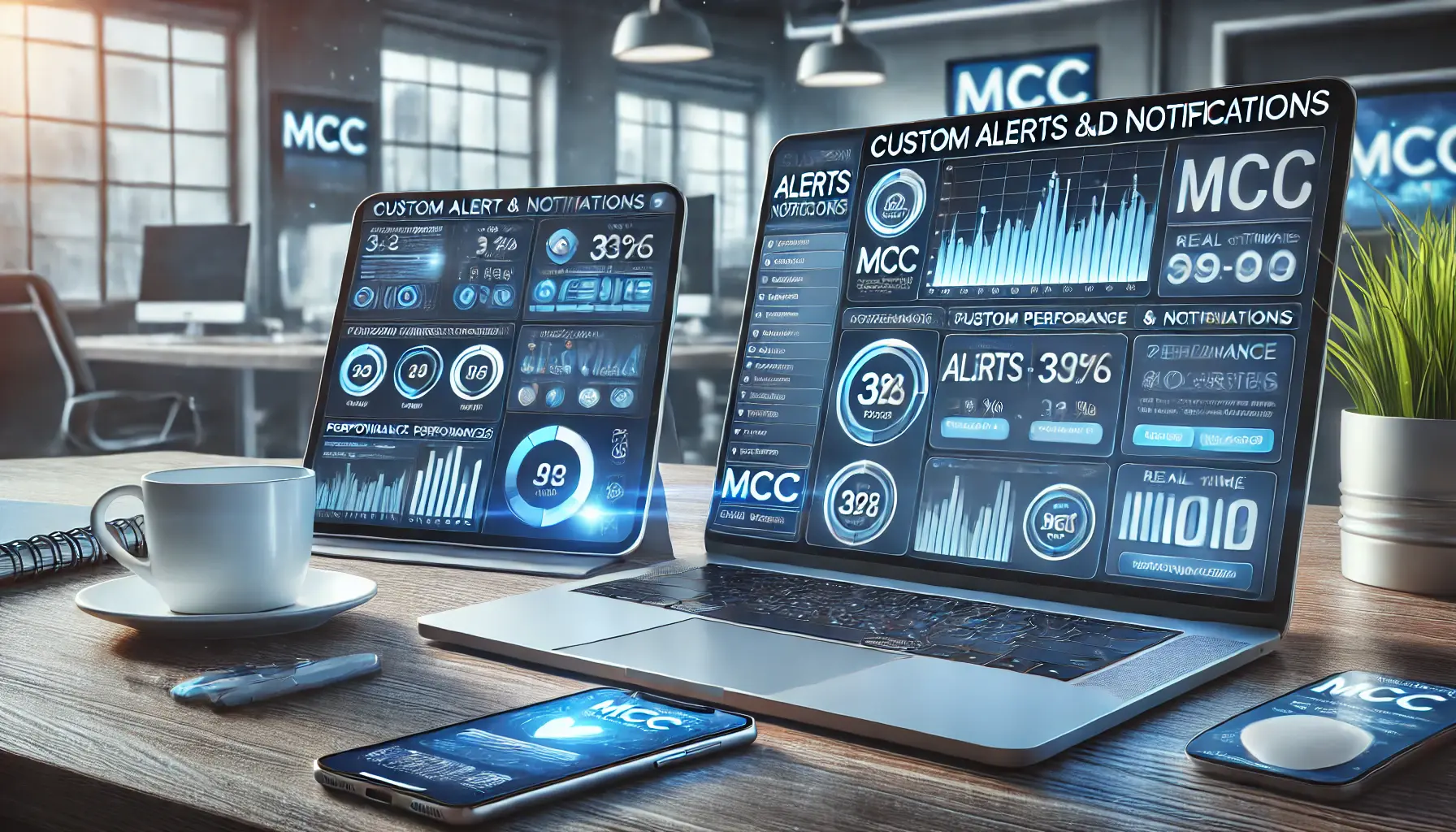 A workspace with a laptop showing MCC's custom alerts interface, accompanied by devices displaying performance notifications.