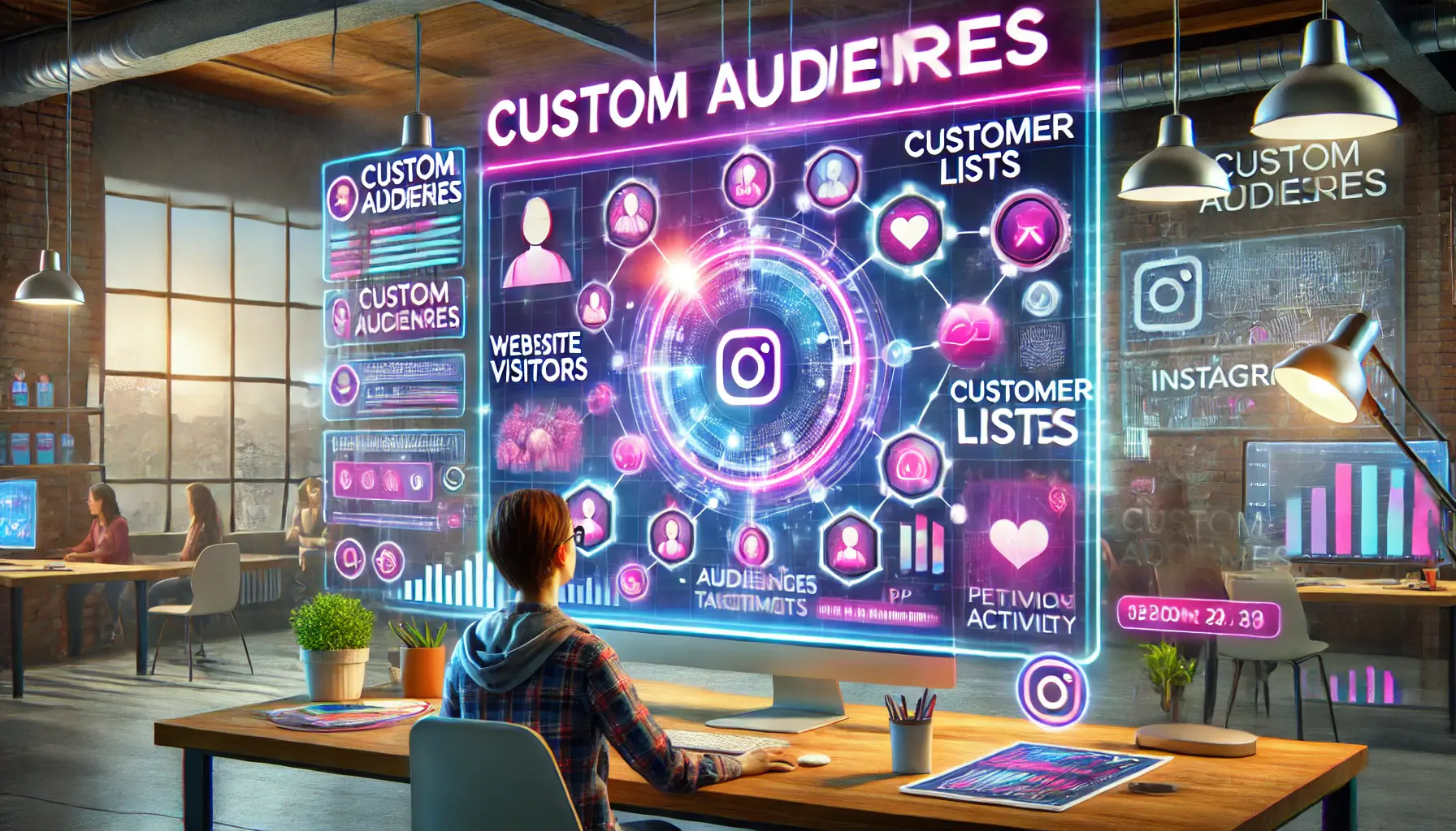 A marketer analyzing custom audience data on a computer screen, displaying insights like website visitors, customer lists, and app activity, with floating data visualizations in the background.