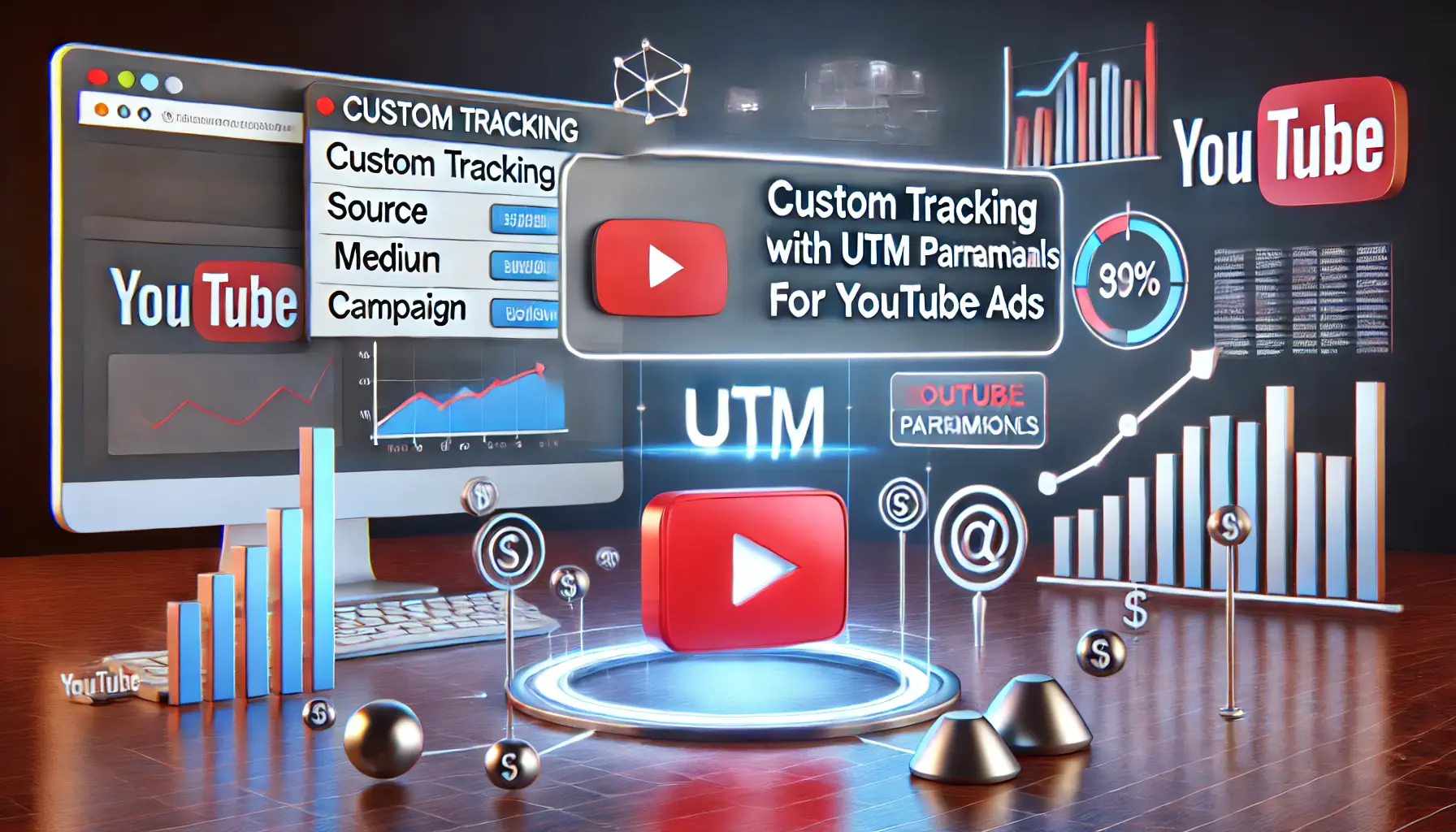 An illustration showing custom tracking with UTM parameters, with a URL, UTM tracking links, and icons representing analytics tools.