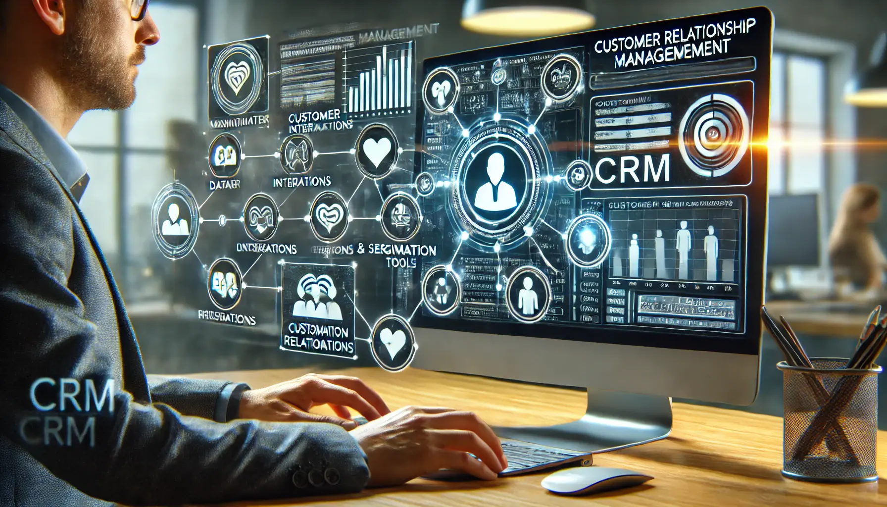 A digital marketer using a Customer Relationship Management (CRM) system on a computer, displaying customer data, interactions, and segmentation tools in a modern office setting.