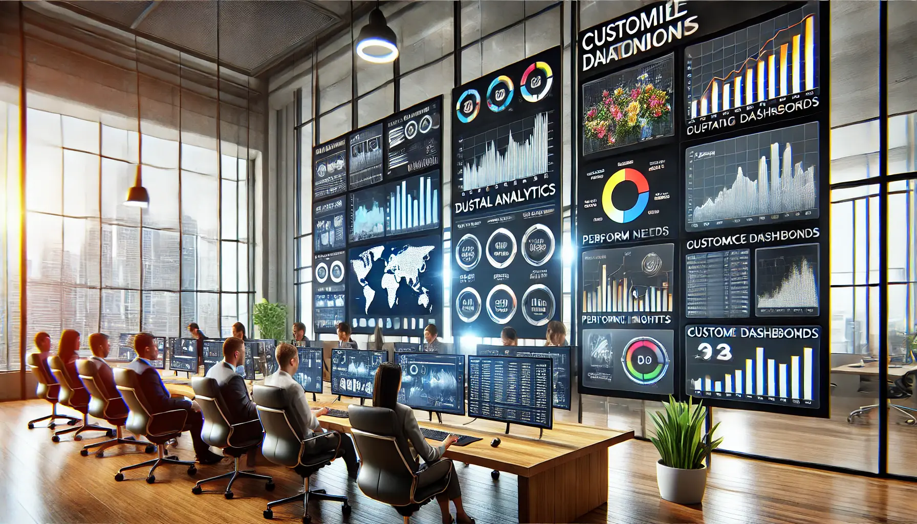 A team customizing reporting dashboards with advanced data visualizations and performance metrics in a digital marketing workspace.