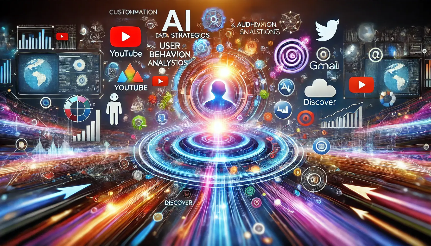 Abstract representation of AI-driven customization of advertising strategies for different channels and audience segments.