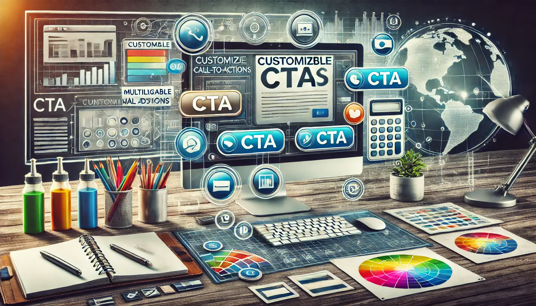 Computer screen showing a digital ad design interface with customizable CTA buttons in various styles.