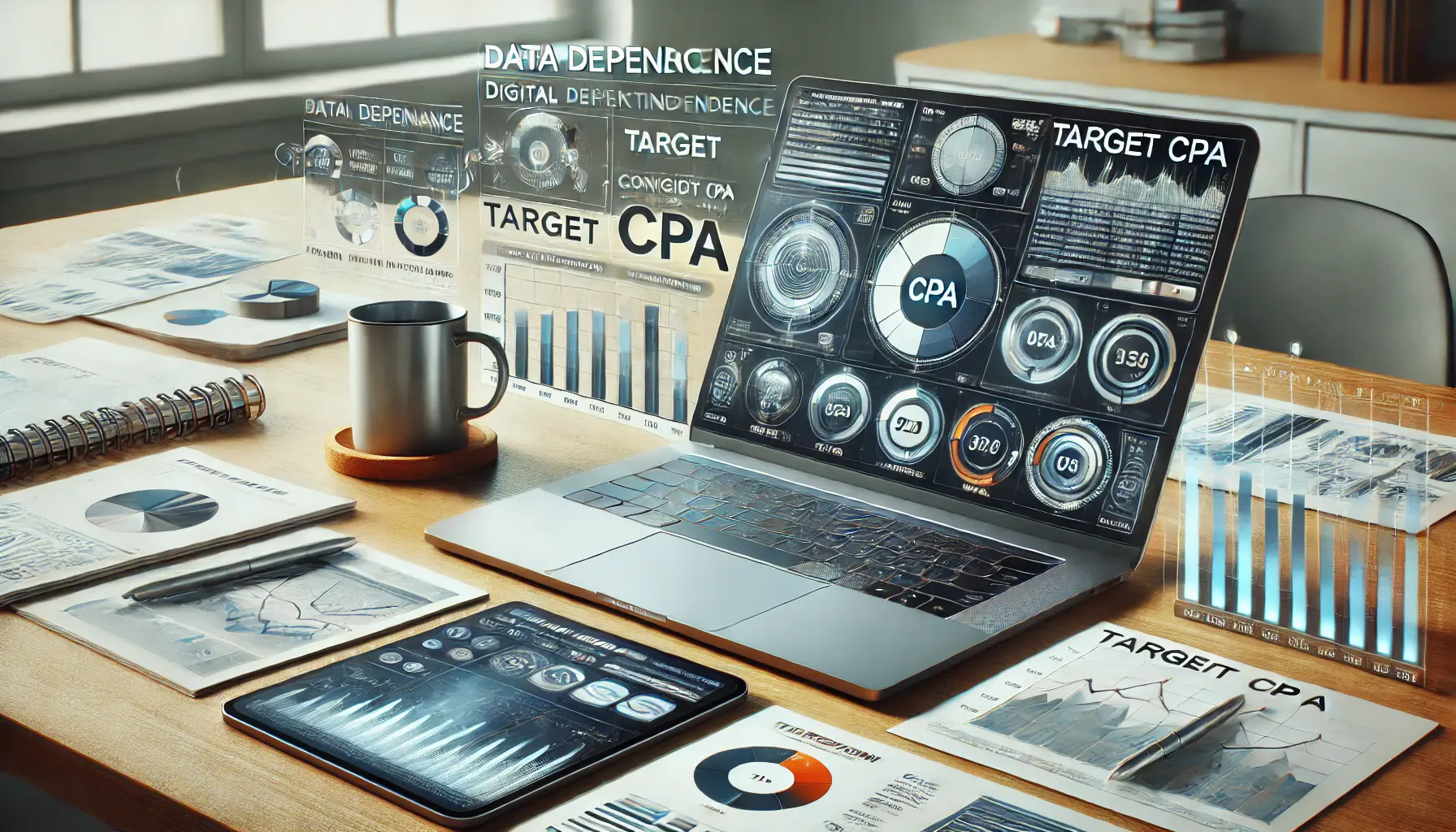 A professional digital marketing workspace with a laptop displaying complex data analysis and conversion metrics, a tablet showing past data, and a coffee mug symbolizing data dependence in Target CPA optimization.