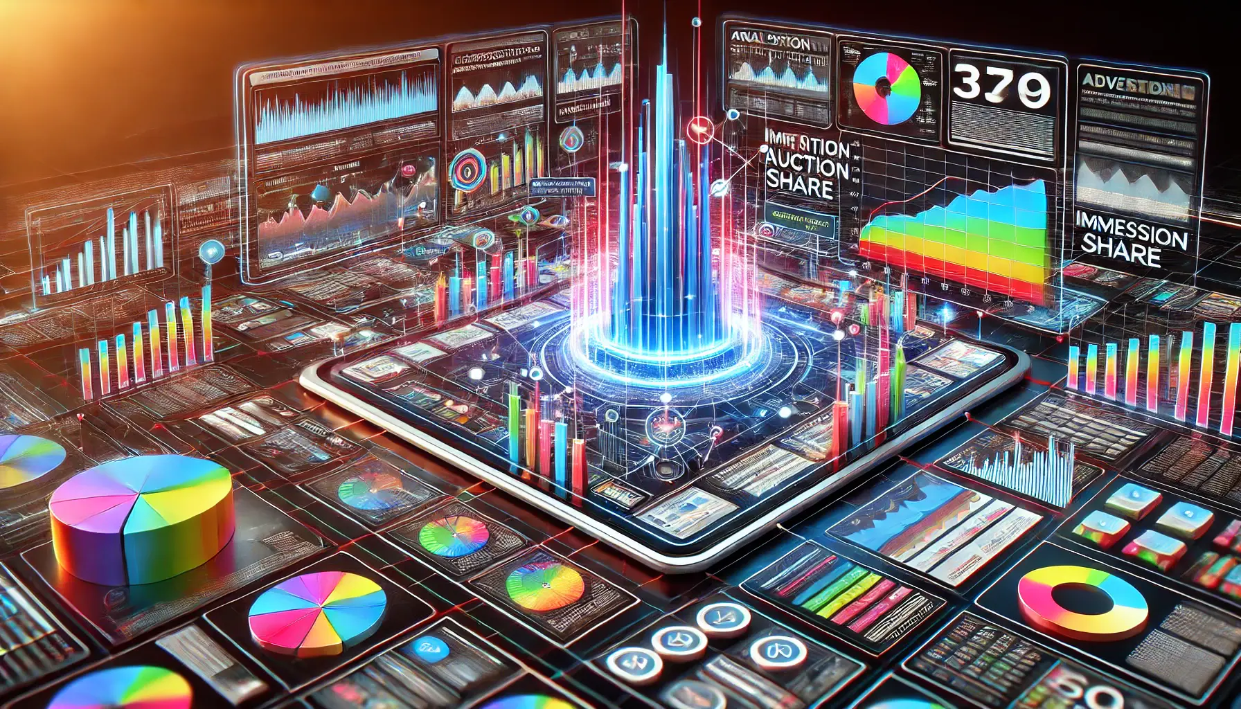 An abstract representation of a competitive advertising landscape with vibrant charts and graphs symbolizing data analysis.