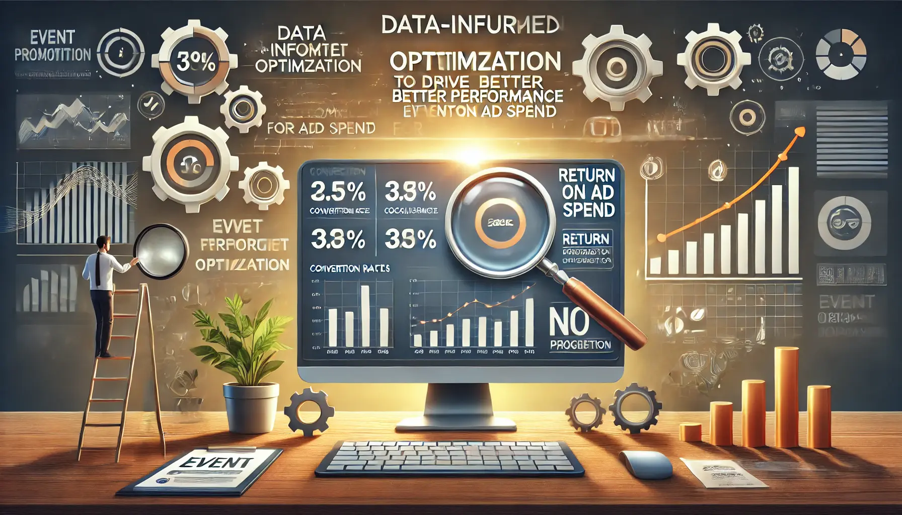 An illustration of data-informed optimization for event promotion, featuring performance metrics, analysis tools, and a growth graph.