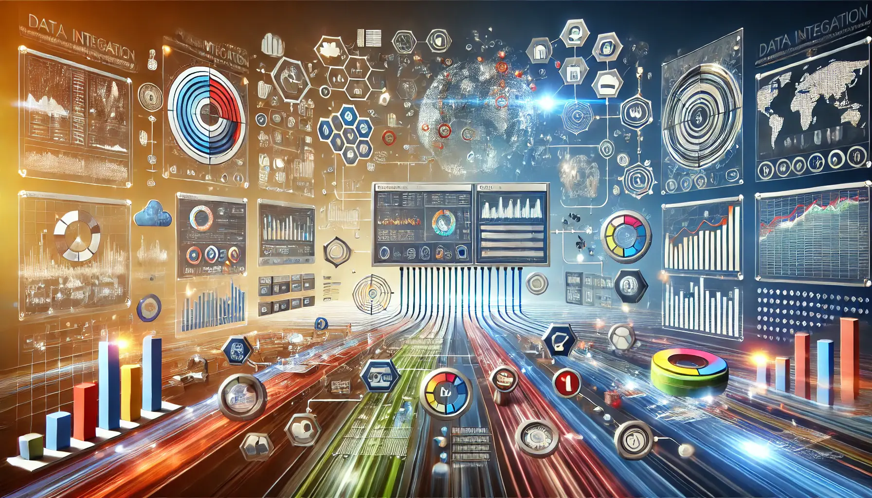 An image showcasing data integration and analytics, with multiple data streams flowing into a central system or dashboard, featuring interconnected charts, graphs, and analytics icons.