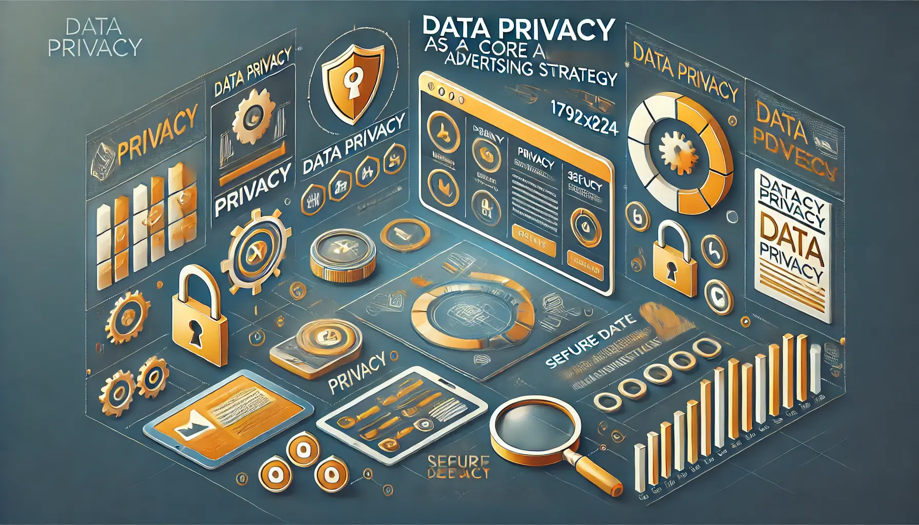 Illustration of data privacy in digital advertising with a dashboard displaying privacy settings, secure icons, and compliance metrics.