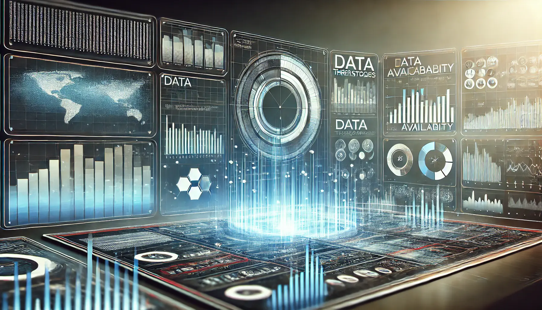 A futuristic dashboard with partially visible graphs representing data thresholds and availability challenges.