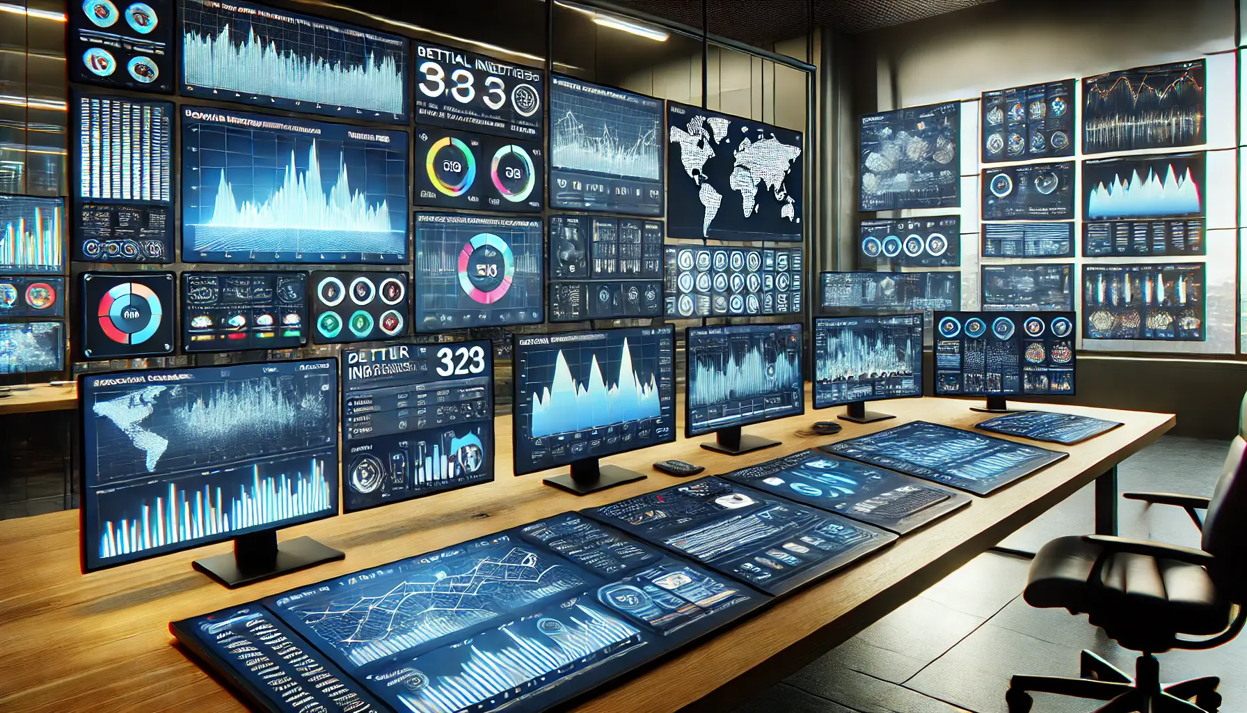 A modern digital workspace showcasing interactive data visualization techniques for social media analytics, including bar graphs, line charts, heatmaps, and trend lines.