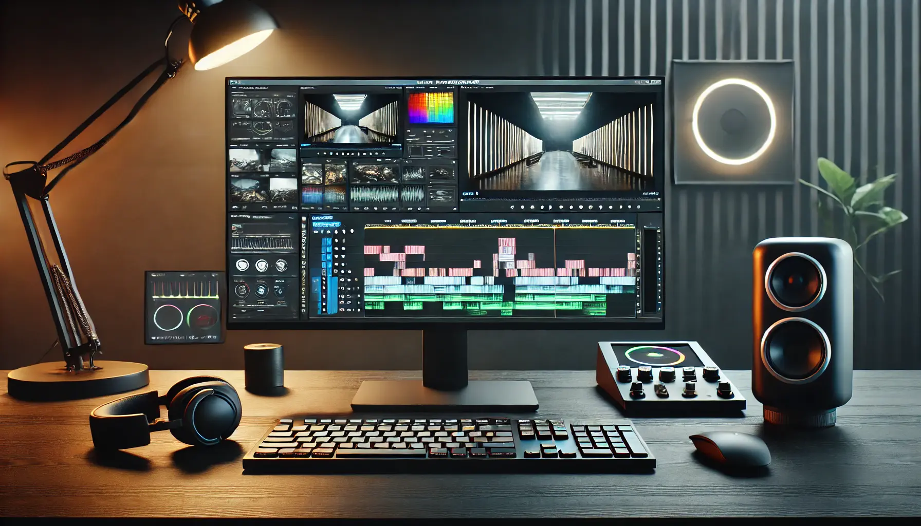 A professional video editing setup with DaVinci Resolve on a monitor, featuring advanced tools like a color grading panel and headphones.