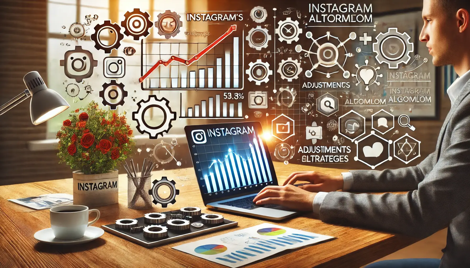 Illustration of a person sitting at a desk with a laptop displaying fluctuating performance graphs, surrounded by icons like gears, arrows, and puzzle pieces symbolizing adjustments to algorithm changes.