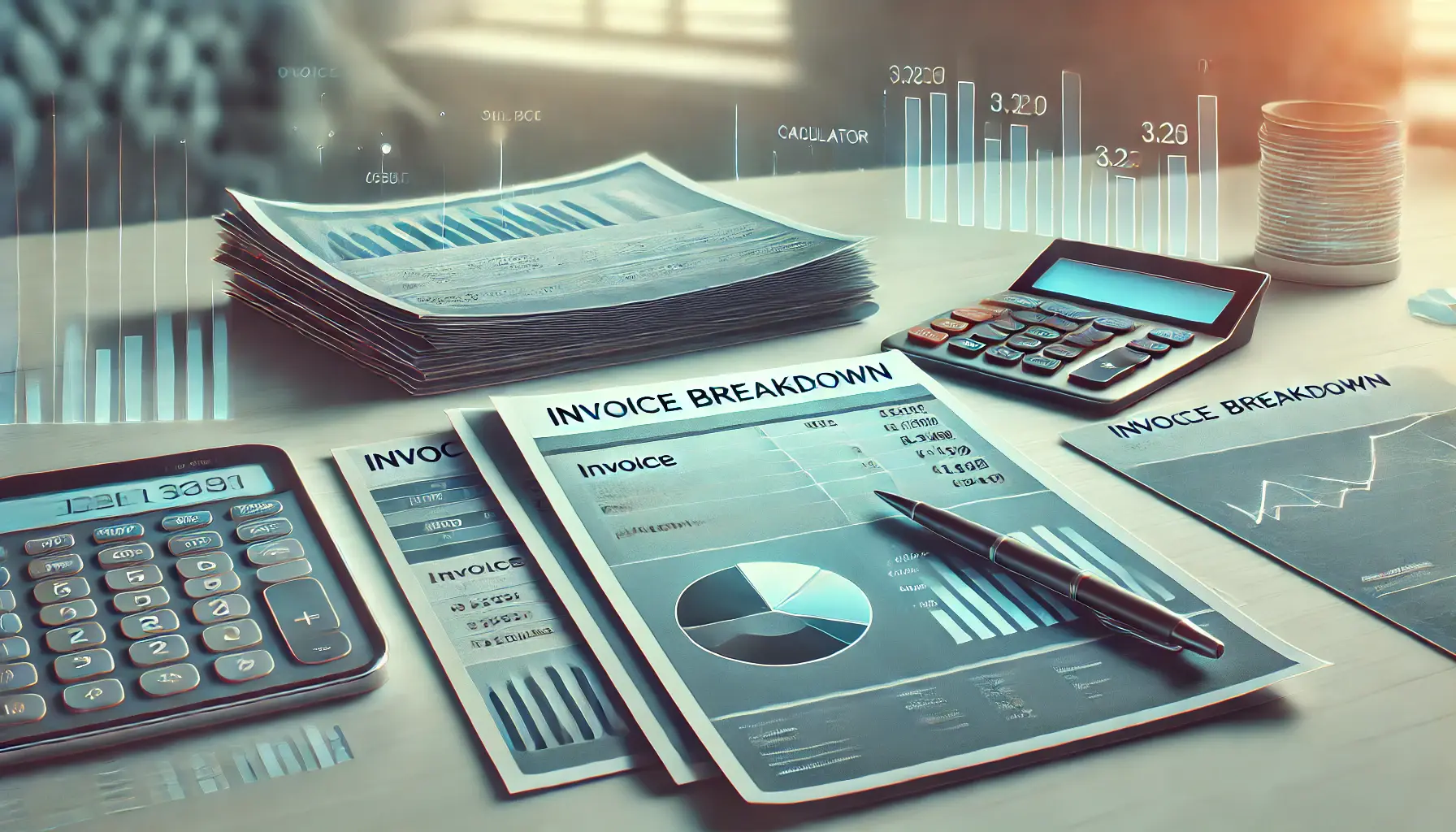 A desk showcasing papers with invoice details, a calculator, and a digital tablet displaying analytical data, representing the breakdown of invoice components in a professional setting.