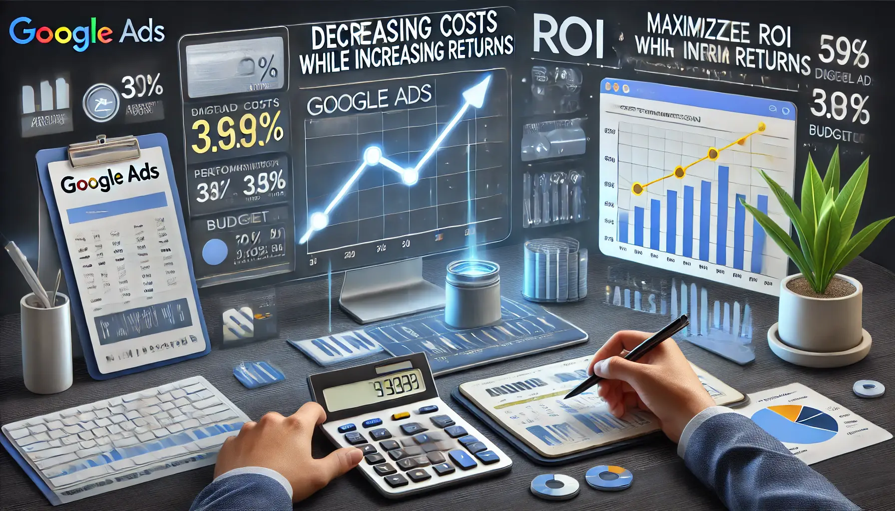 A digital marketer analyzing a dashboard with graphs showing decreasing costs and increasing returns, with budget charts and performance metrics.