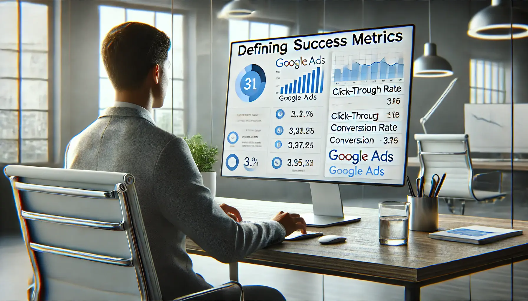 Digital marketer sitting at a desk defining success metrics for a Google Ads campaign.