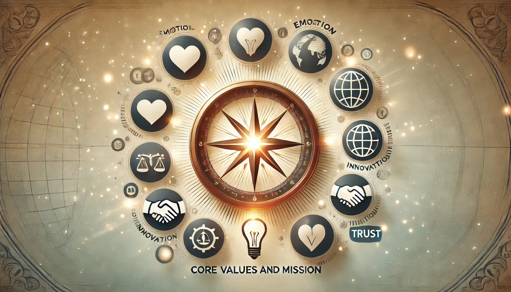 An image showing a glowing compass surrounded by icons representing a brand's core values like emotion, innovation, global reach, and trust.