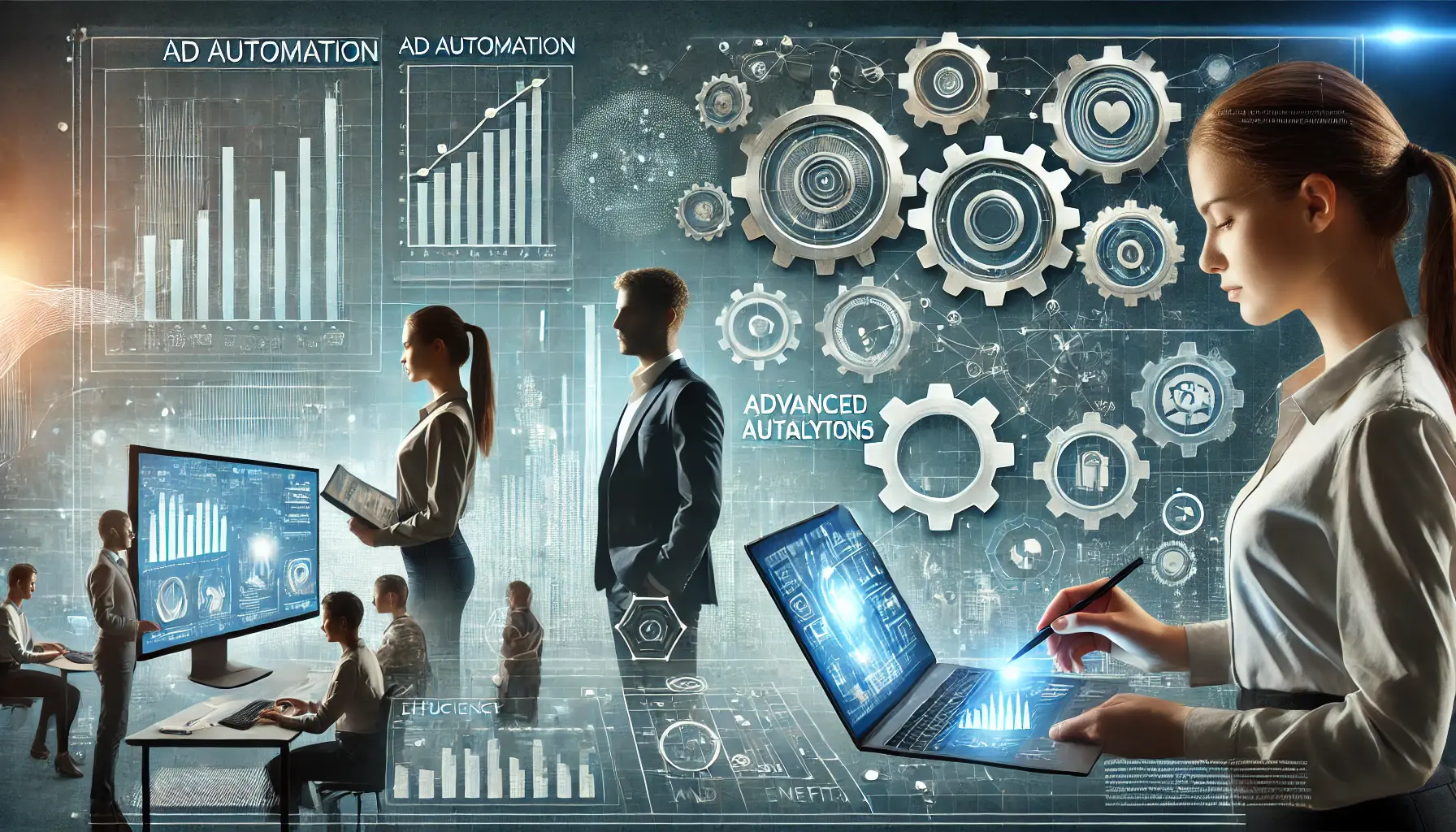 Futuristic business environment with digital dashboards, automation gears, and data analytics visuals.