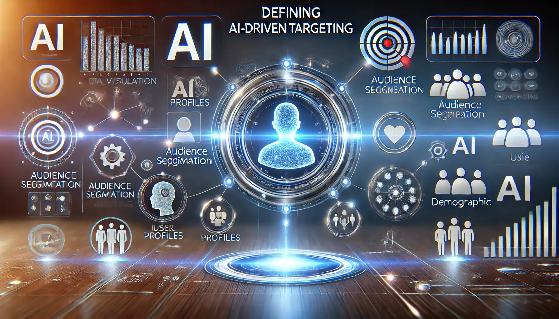 A futuristic depiction of AI-driven targeting with glowing nodes, user profiles, and data visualization charts.