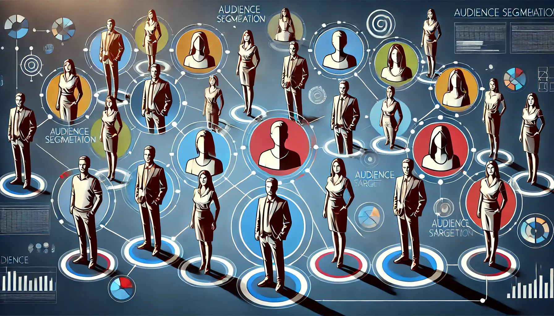 An image representing audience segmentation with diverse groups of people divided into segments connected by network visuals, symbolizing digital marketing strategies.