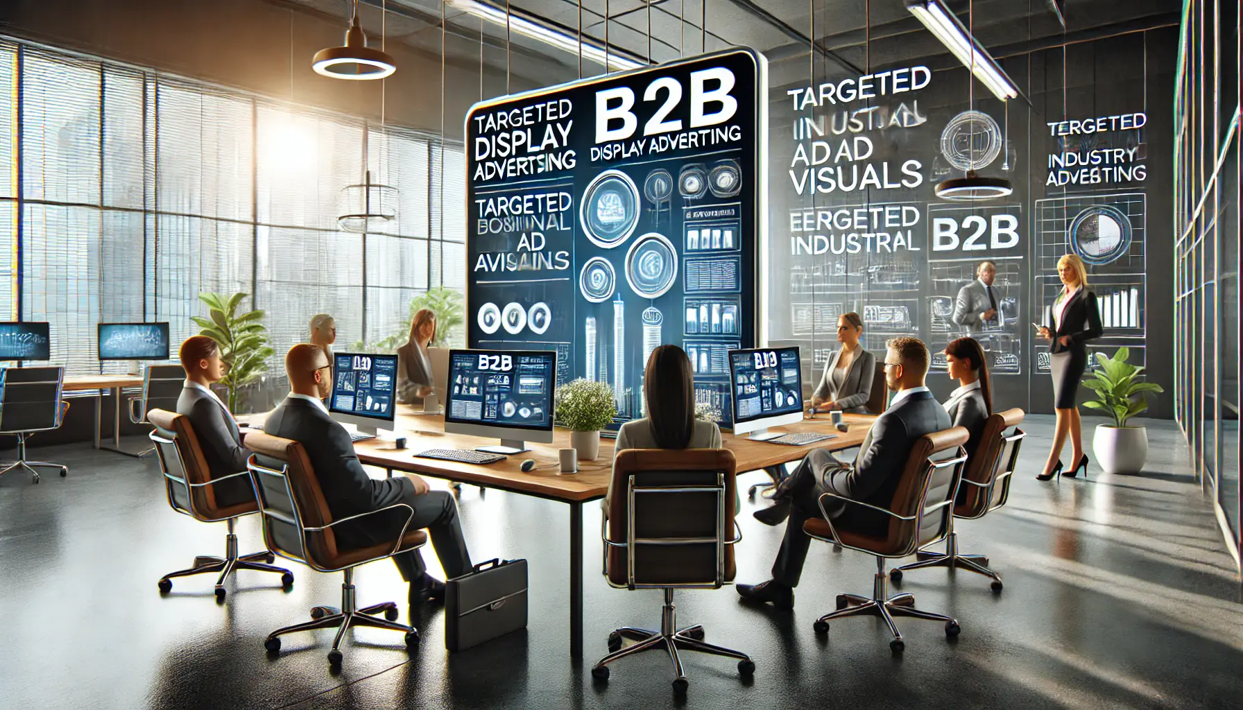 A modern office with professionals collaborating and computer screens displaying targeted B2B ad visuals on industry-specific websites.