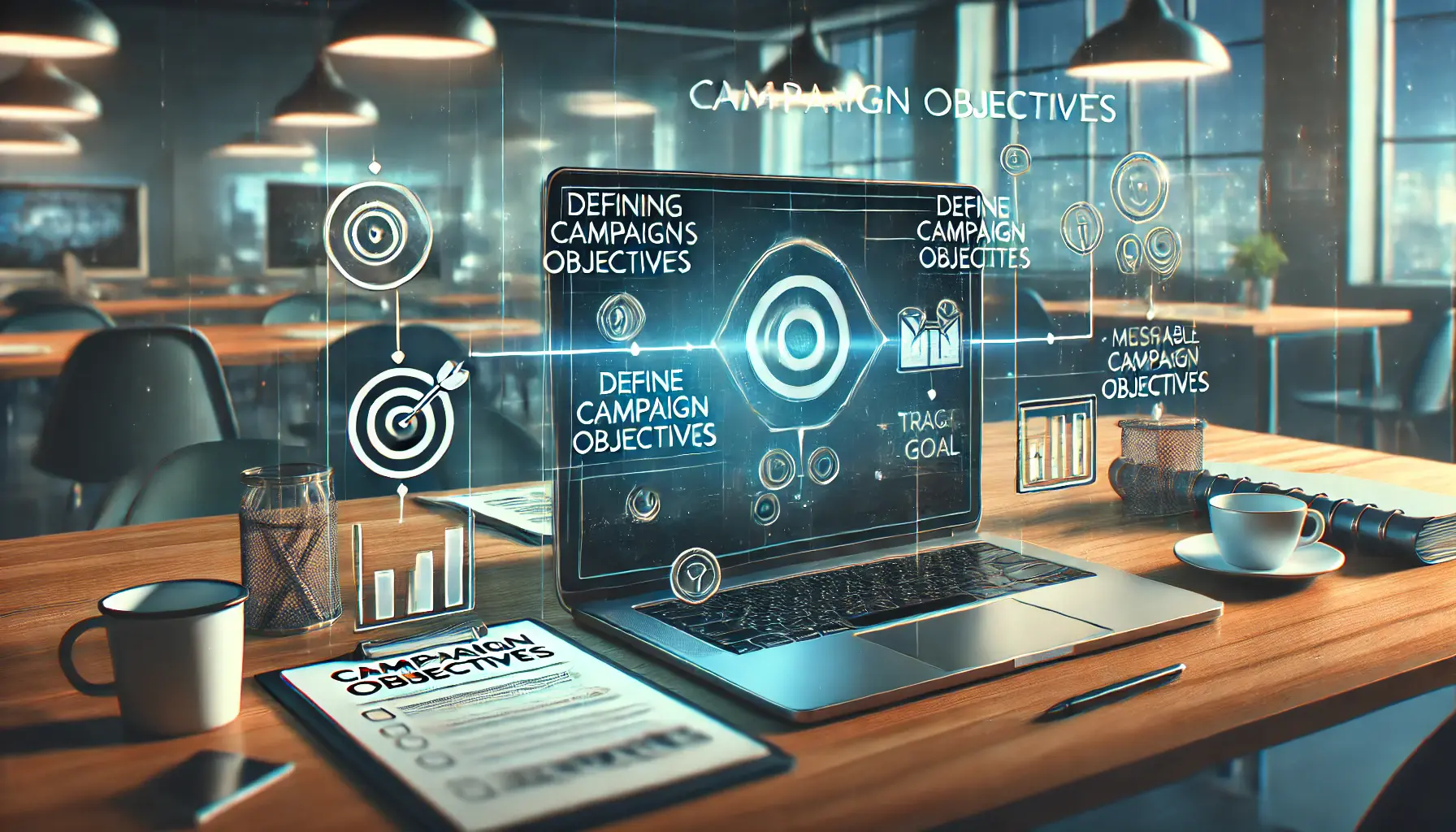 A professional office setting with a computer displaying a flowchart of campaign objectives, featuring symbols like a checklist, target, and progress bar.