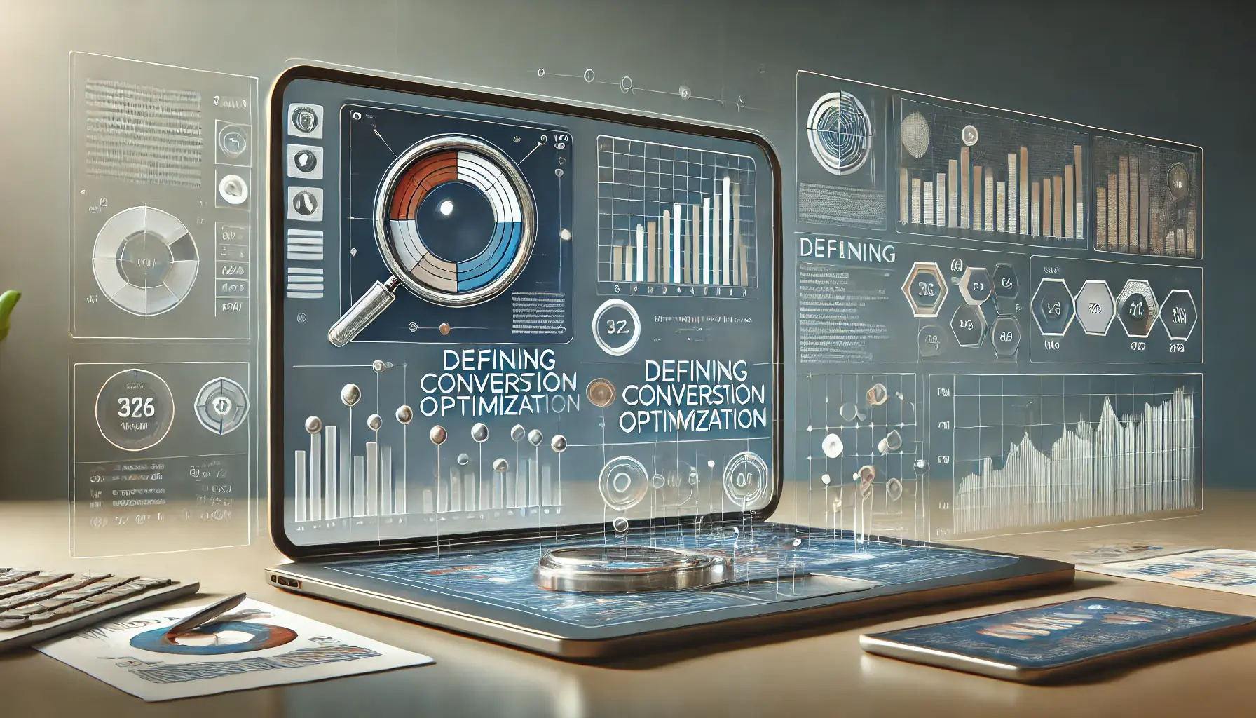 A modern digital workspace featuring data charts, graphs, and a magnifying glass analyzing a bar chart, symbolizing conversion optimization processes.