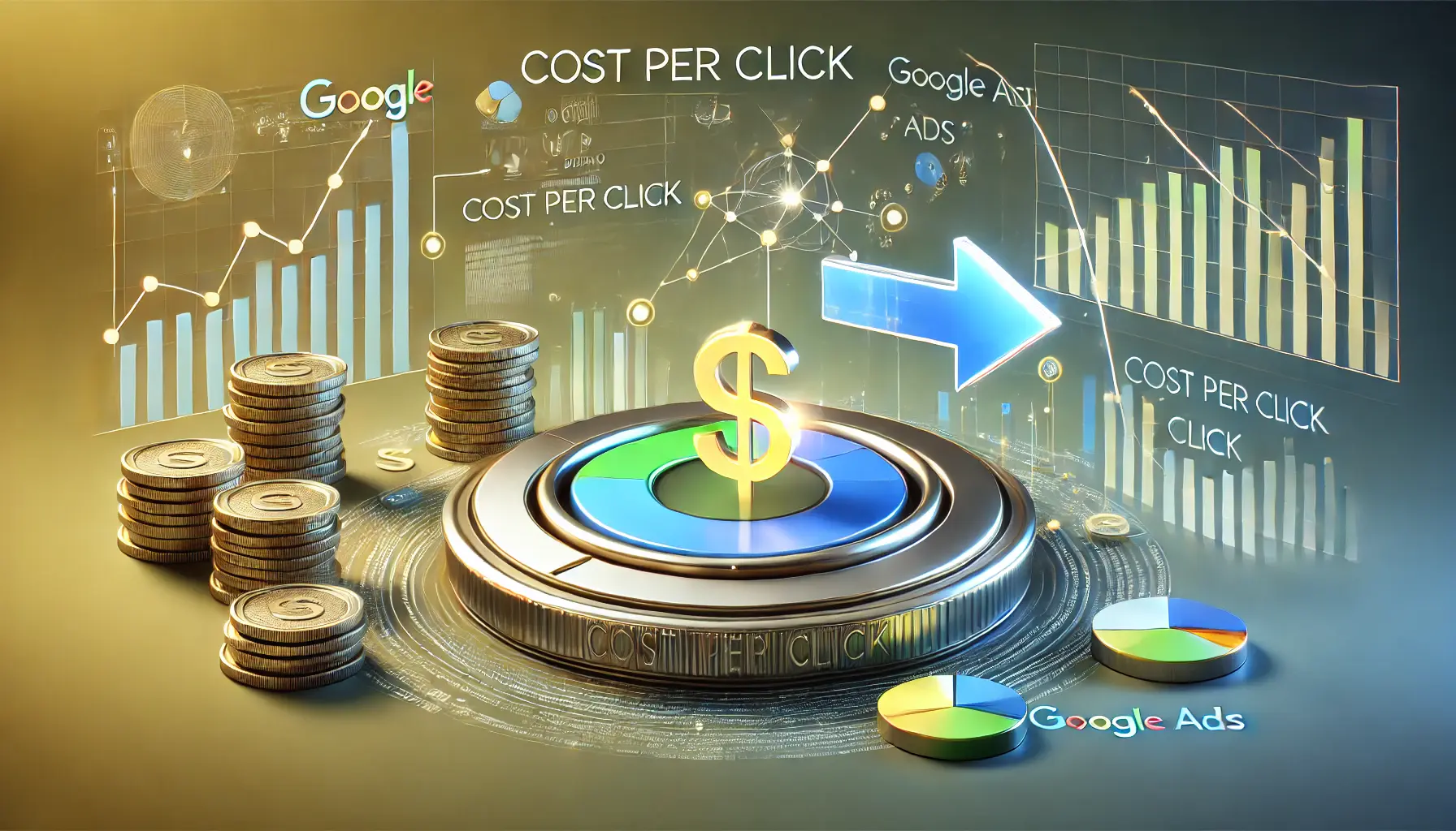 Illustration of a bidding system with arrows pointing to a click icon, surrounded by coins and data charts, representing CPC in Google Ads.