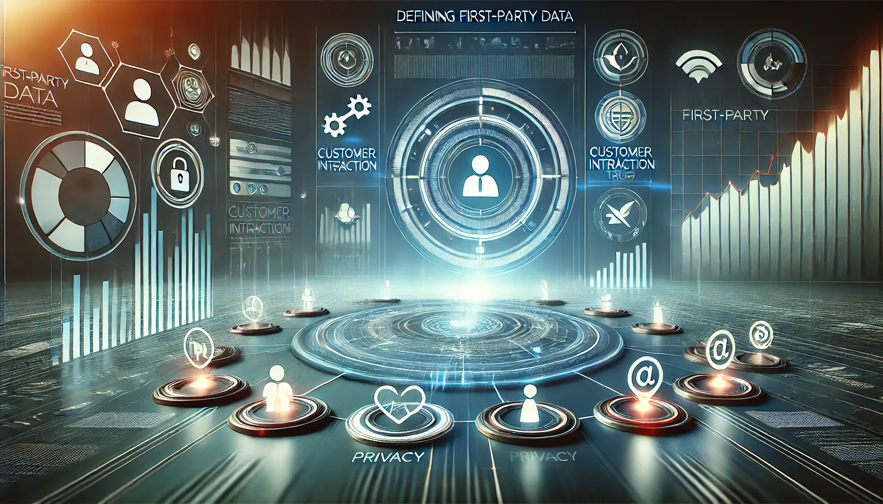 A professional illustration showcasing the concept of first-party data with a business dashboard, customer insights, and privacy-focused elements.