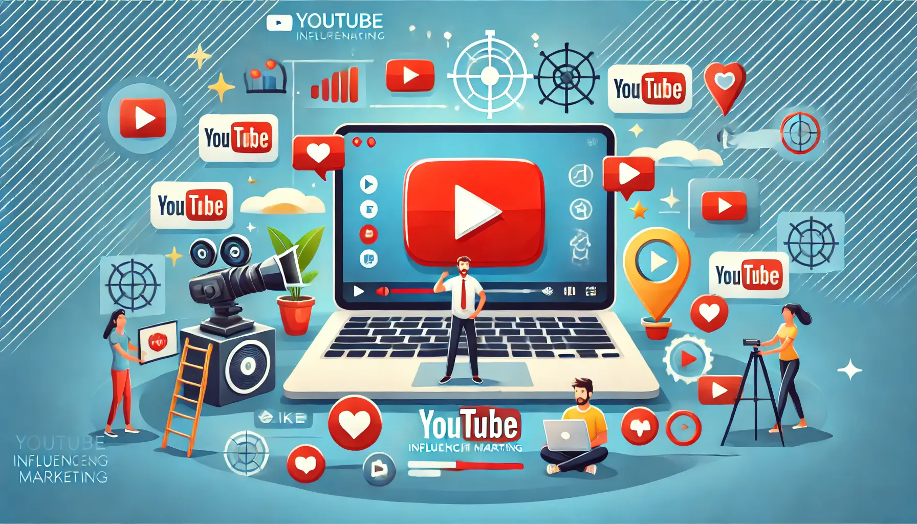 An engaging illustration showcasing YouTube influencer marketing with a laptop displaying a content creator and icons of audience interaction like likes, comments, and shares.