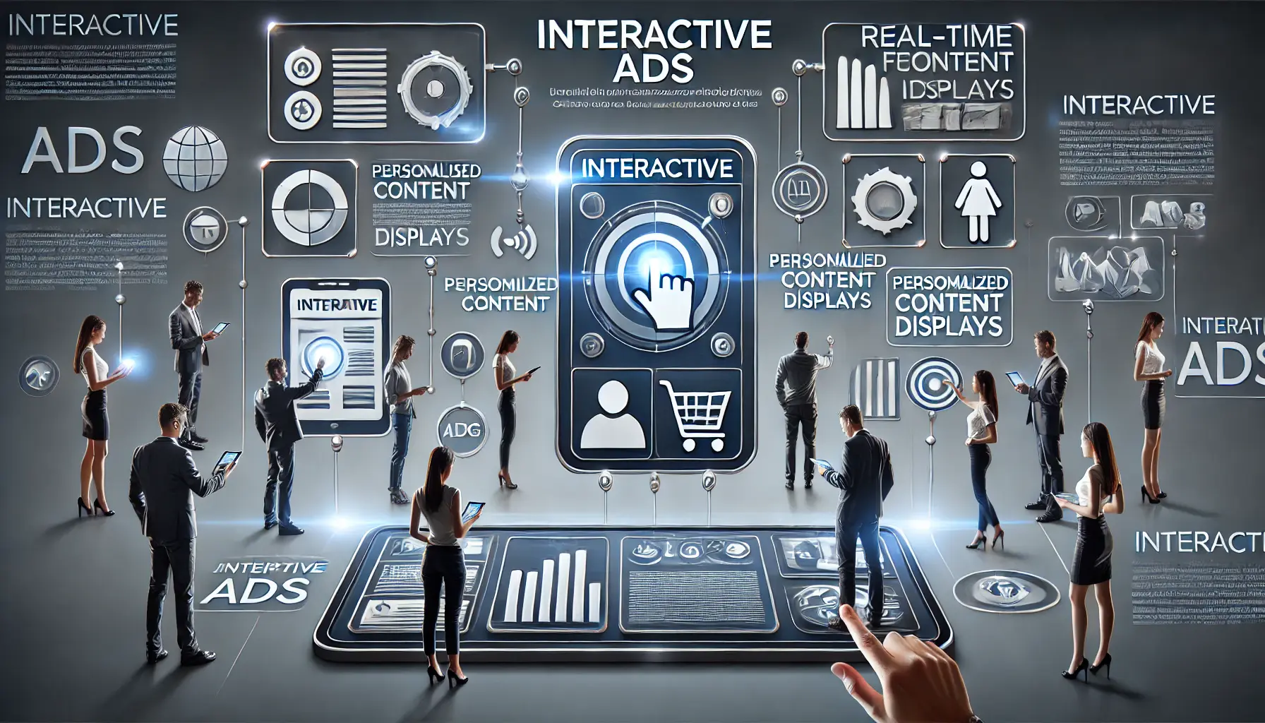 An engaging illustration showing users interacting with a touchscreen interface, featuring personalized content displays, swiping motions, and real-time feedback elements symbolizing the dynamic nature of interactive ads.