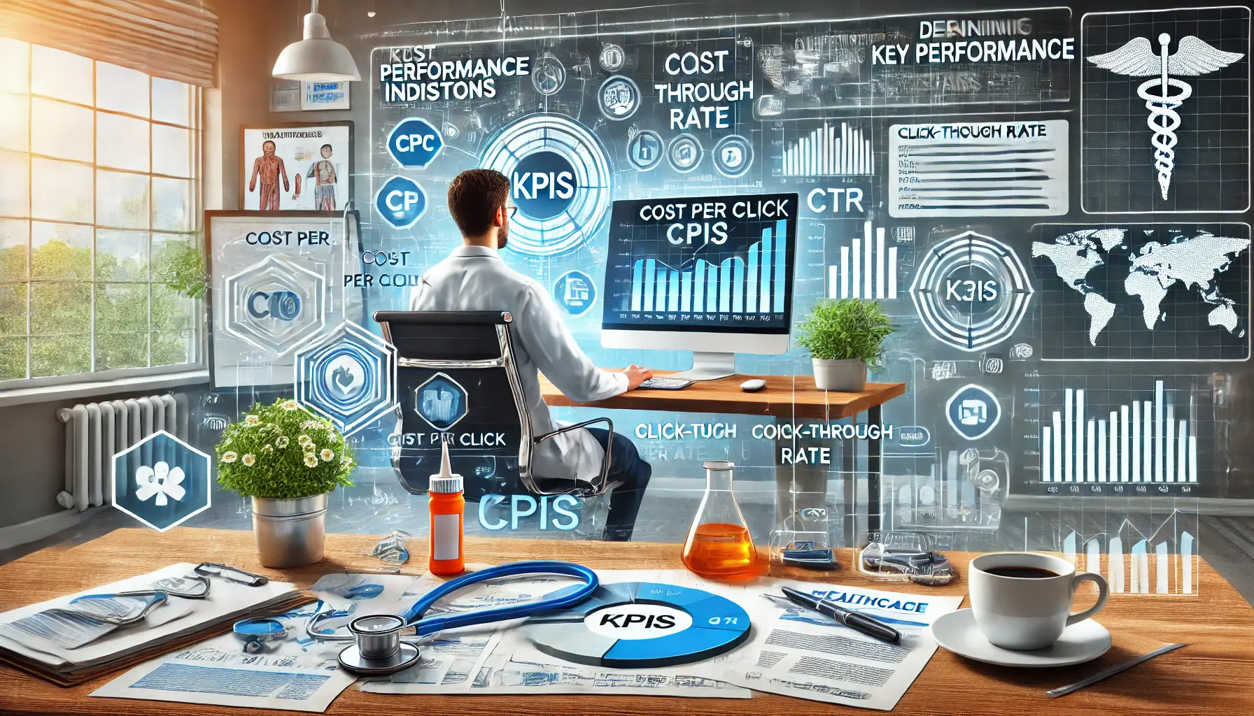 A healthcare marketer reviewing data charts and KPIs on a computer screen, surrounded by medical tools and notes.