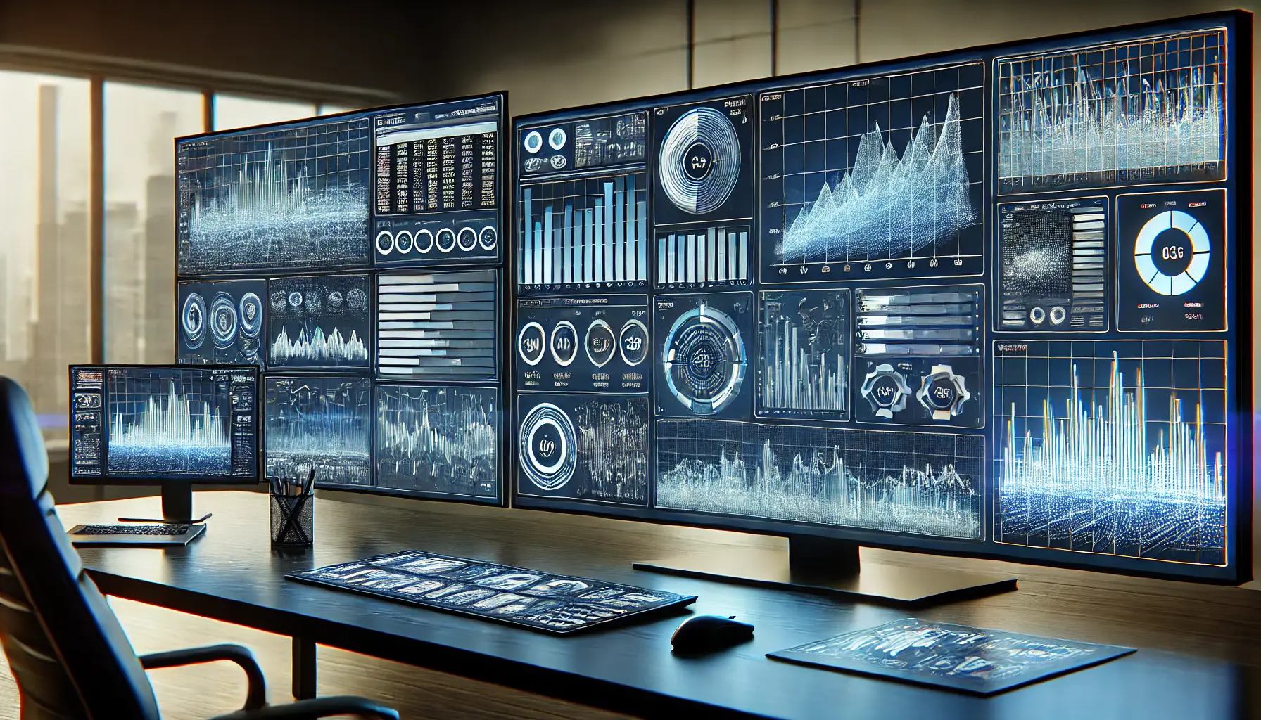 A digital workspace displaying a side-by-side comparison of analytics and metrics on multiple interactive screens, highlighting raw data on one screen and deep analysis on the other.