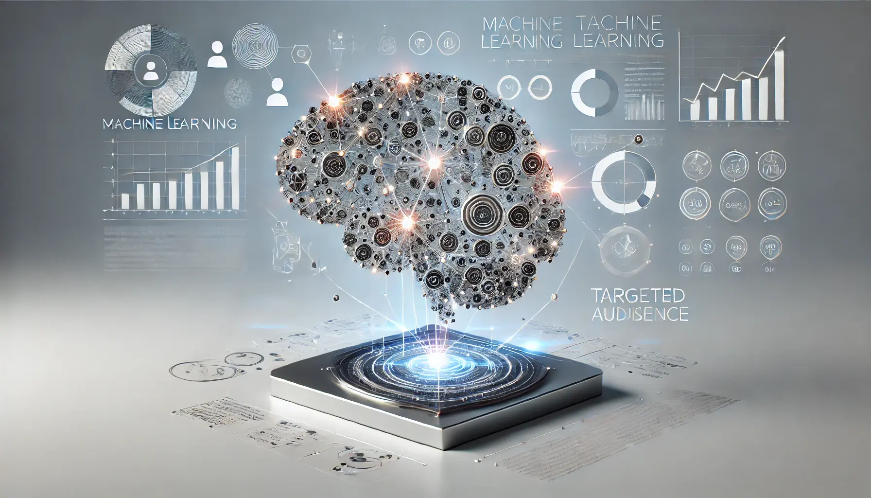 An abstract representation of machine learning's role in advertising, featuring a glowing brain-like structure with data nodes and surrounding advertising elements.