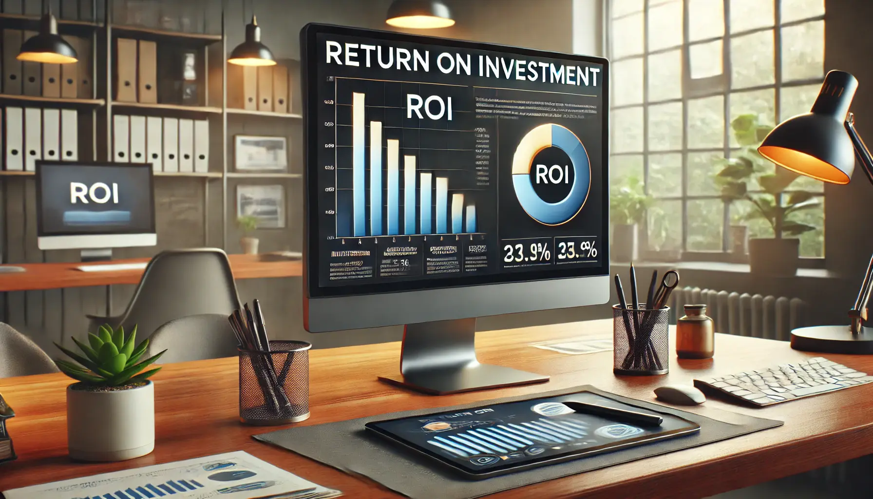 A modern office setup with a monitor displaying a pie chart and bar graph, symbolizing ROI analysis in advertising.