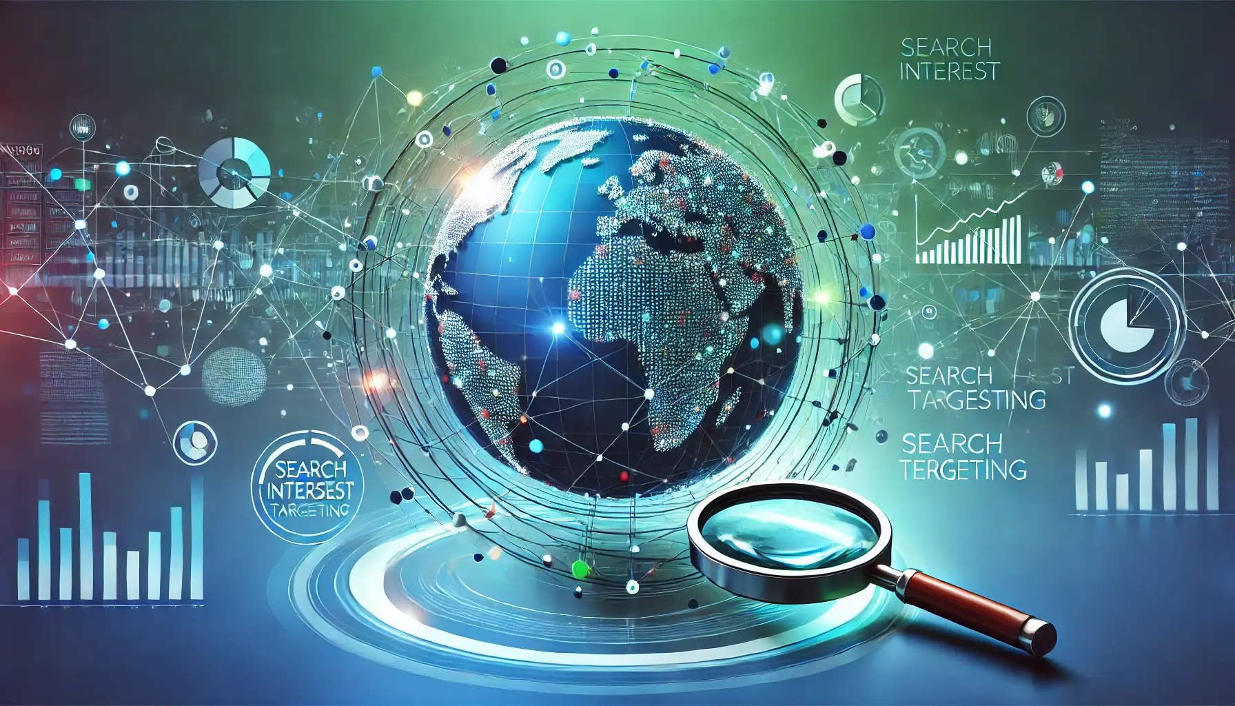 Abstract illustration of search interest targeting with a globe, network lines, and data flow elements, symbolizing digital marketing precision and user behavior analysis.