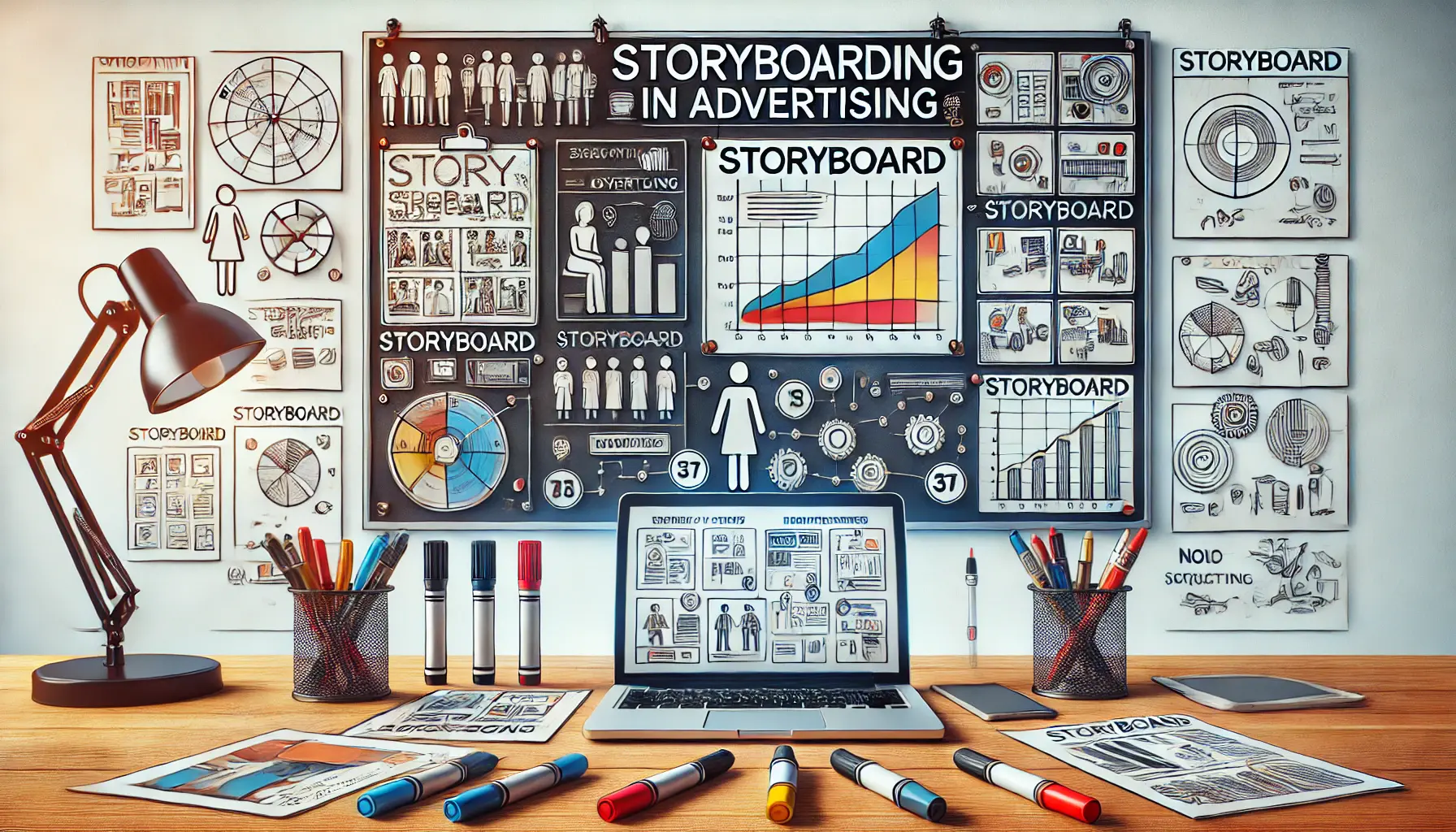 A modern workspace showcasing a storyboard on a table surrounded by markers, paper, and a laptop displaying a marketing presentation, symbolizing the structured process of storyboarding in advertising.