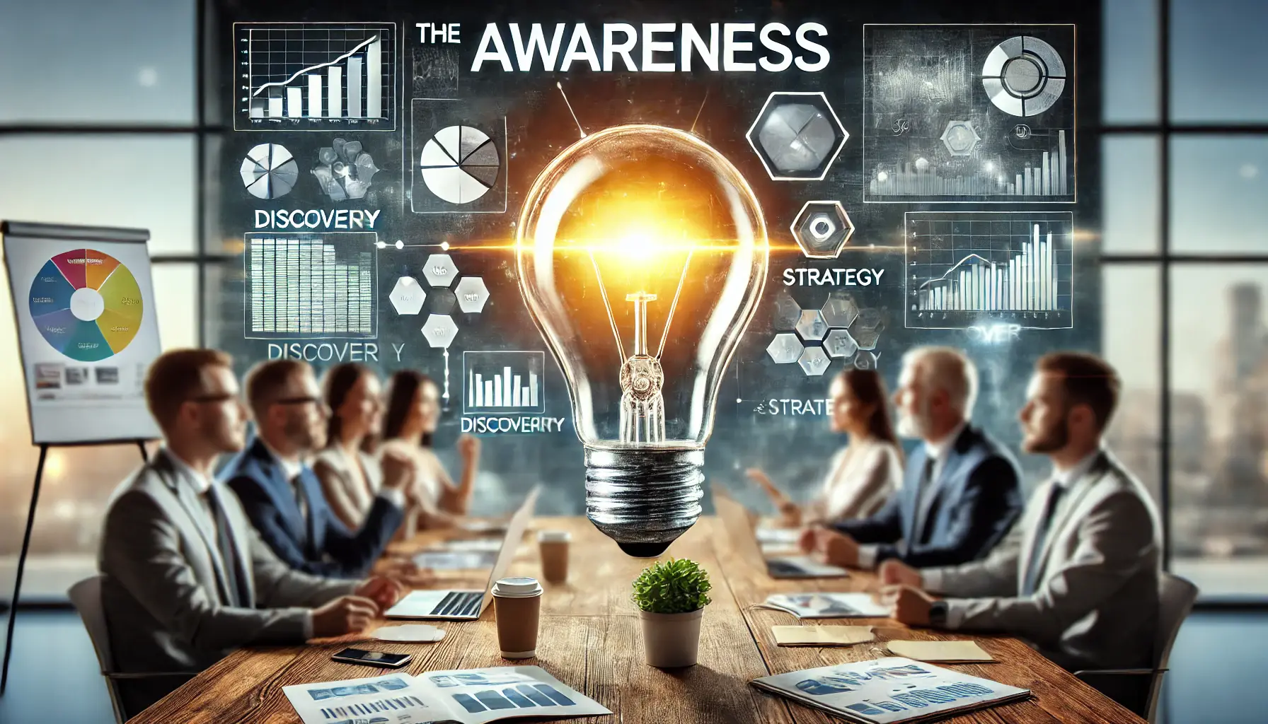 A glowing lightbulb over a brainstorming session backdrop with marketers analyzing charts and ideas, representing the awareness stage in advertising.