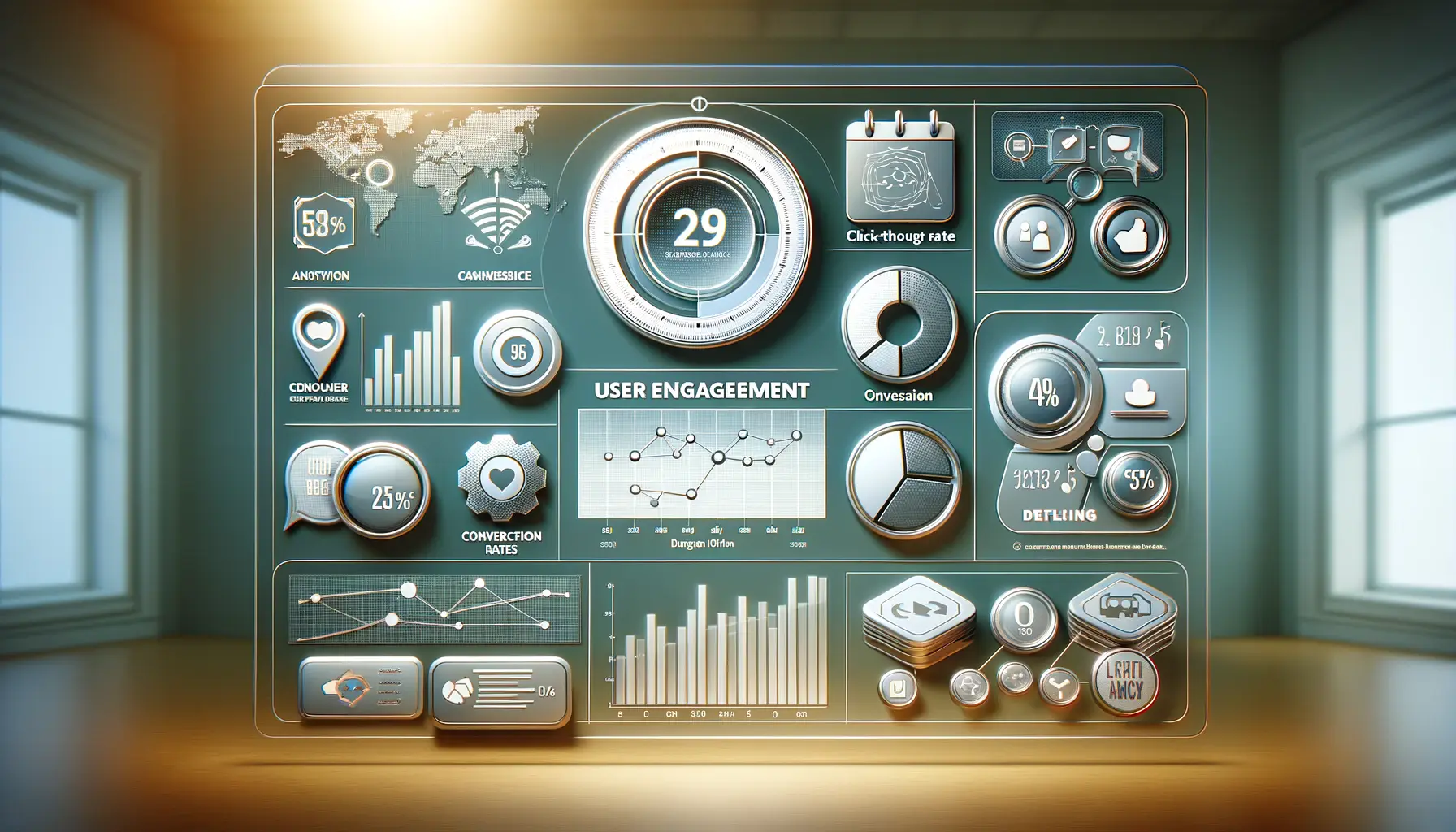 A digital dashboard showcasing analytics with graphs, pie charts, and icons representing user engagement metrics such as click-through rates and conversions.