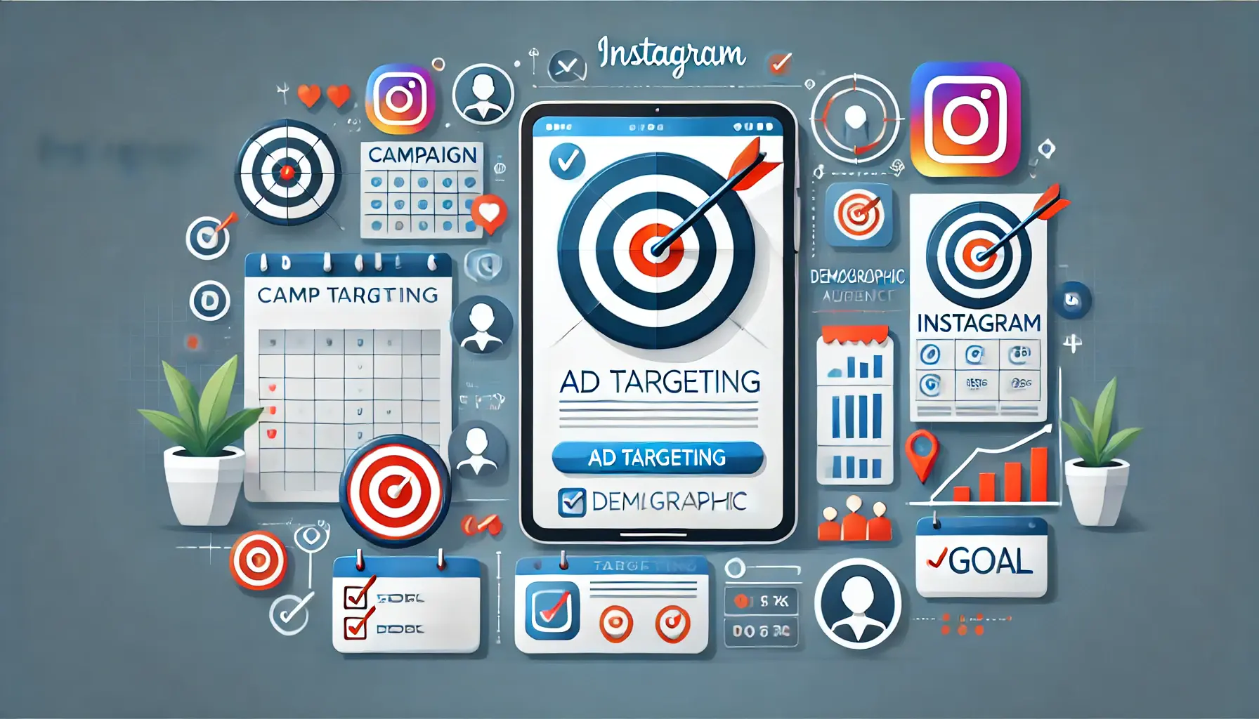 Illustration of a workspace with a tablet displaying Instagram's ad targeting interface, surrounded by a target board, demographic icons, and a notepad with checkmarks.