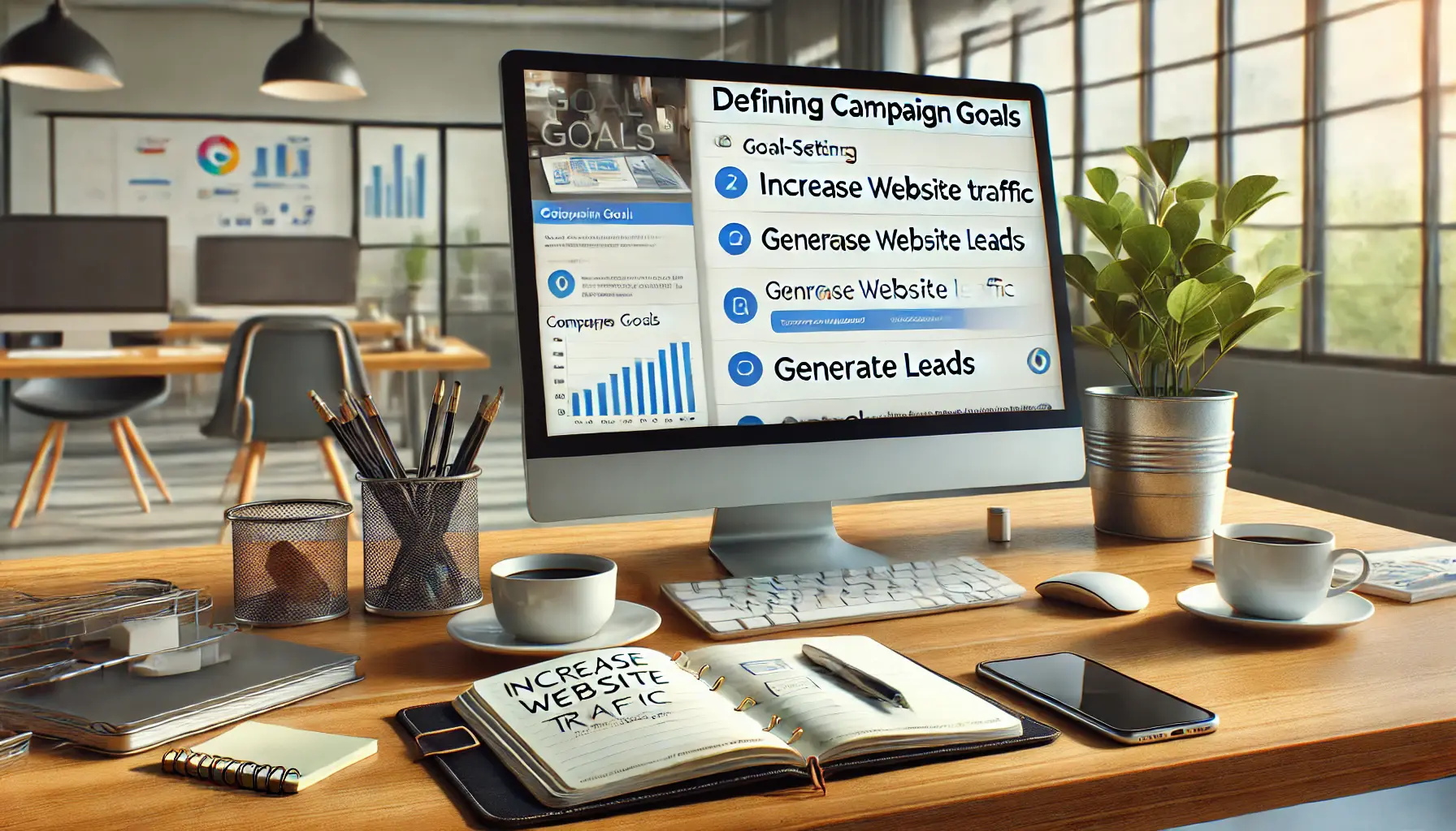 A professional desk setup with a computer screen displaying a Google Ads goal-setting interface, showing options like increasing website traffic and generating leads. The workspace includes a notebook with notes, a smartphone, and a coffee cup, in a bright office setting.