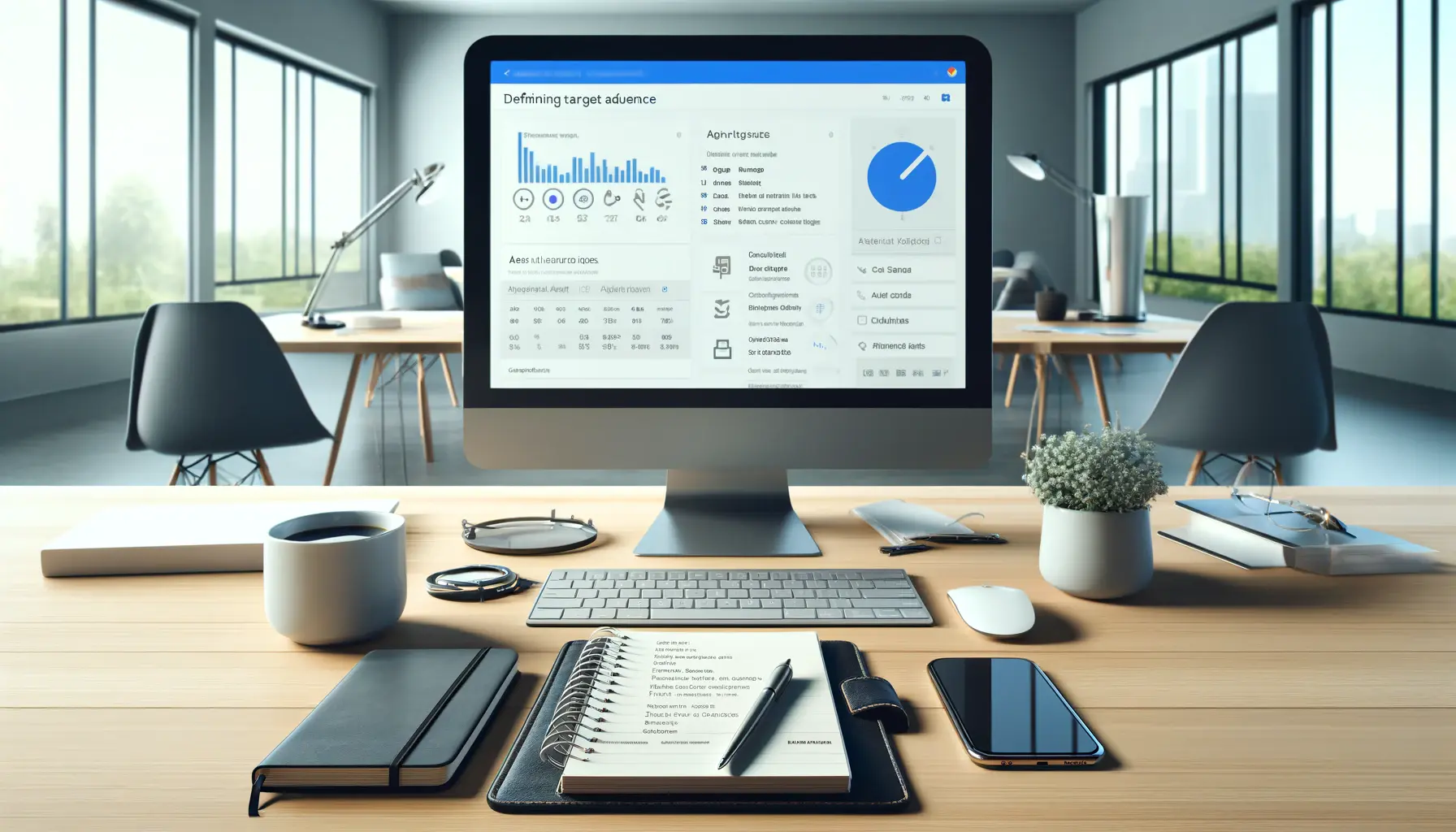 A professional workspace showing a computer with the Google Ads interface displaying audience targeting options like age, location, and interests. The desk features a notebook with audience research notes, a smartphone, and a coffee cup, set in a modern office environment.