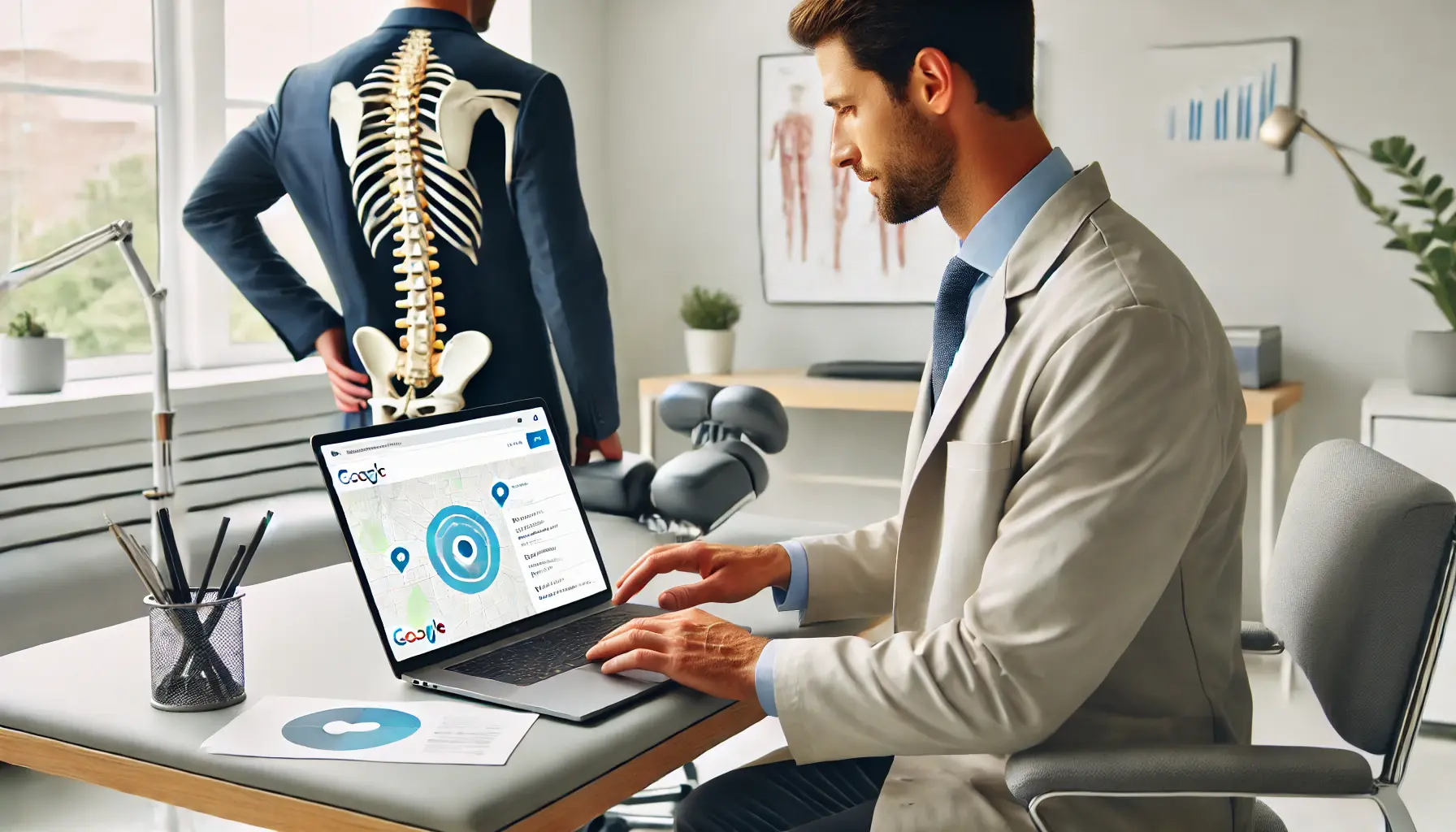 A chiropractor reviewing map or digital interface to define target audience and geographic focus on a laptop in a clinic.