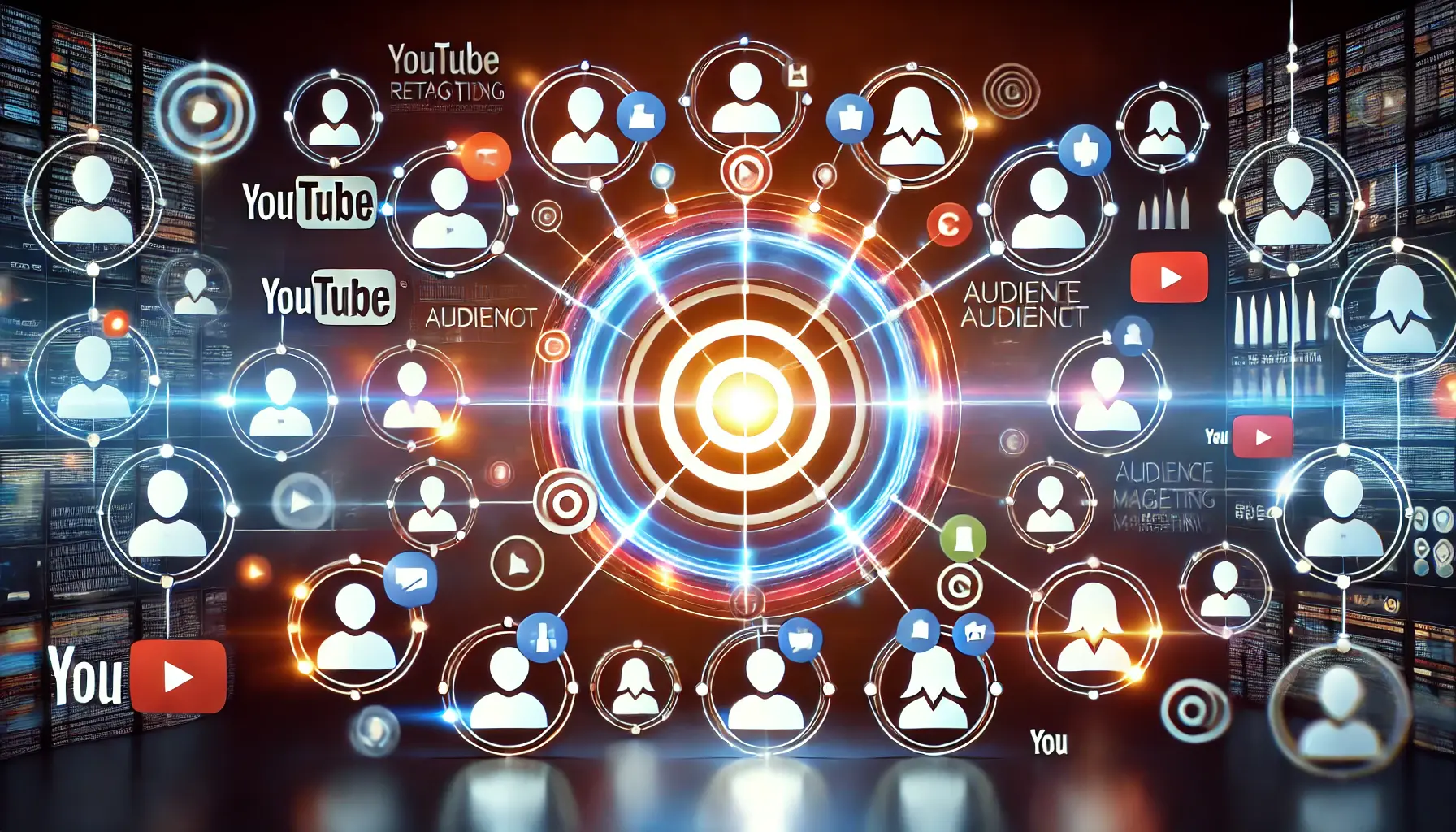 An abstract illustration of defining a target audience for YouTube retargeting, featuring diverse user profiles connected to a central target with icons representing demographics, behaviors, and interests.