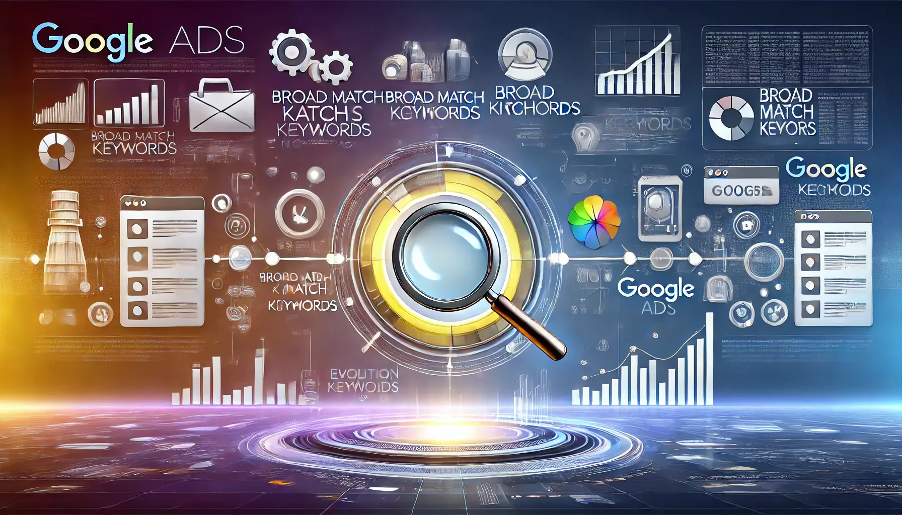 A timeline illustration with digital elements representing the evolution of broad match keywords, including data analytics and search-related visuals.