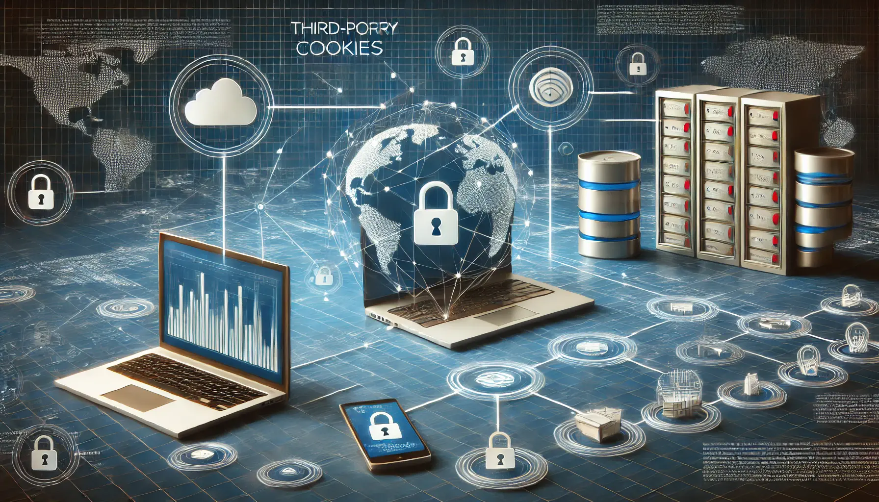 Conceptual digital artwork depicting interconnected data streams between devices like a laptop, smartphone, and server, representing the function of third-party cookies in tracking and data sharing.