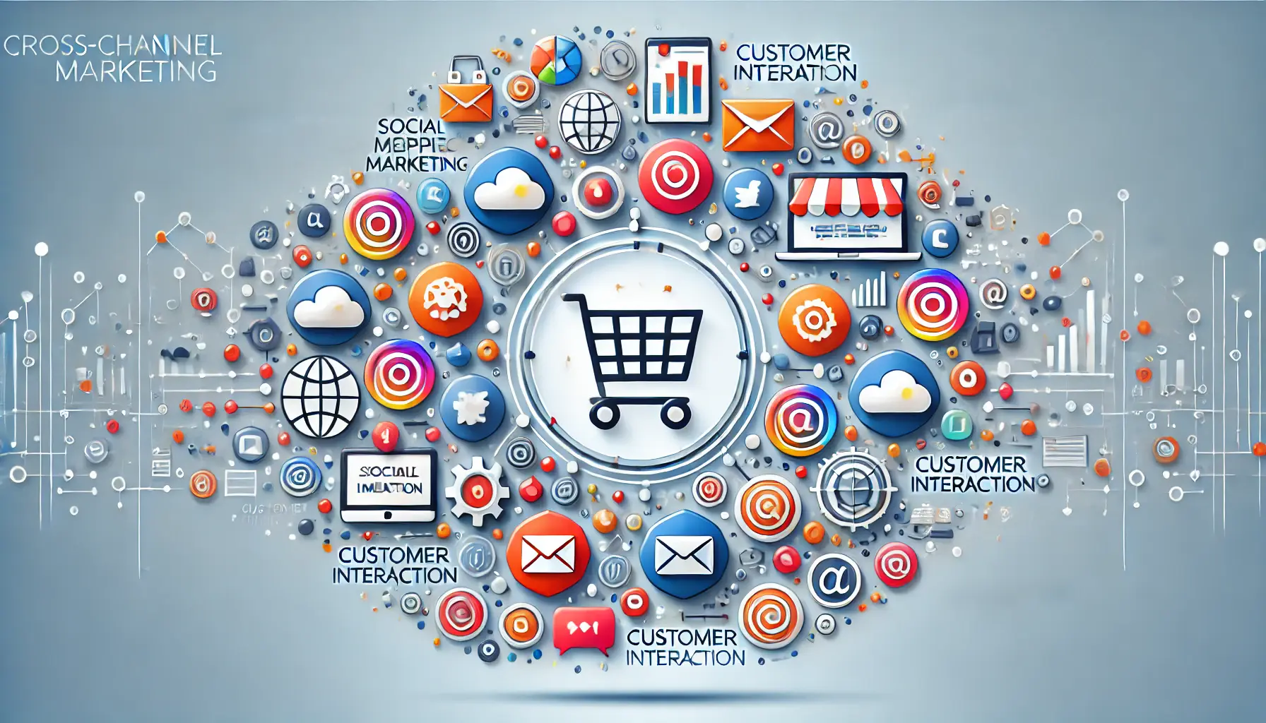 An image illustrating the definition and importance of cross-channel marketing, showcasing interconnected elements such as a shopping cart, social media icons, an email symbol, and customer interaction icons arranged cohesively.