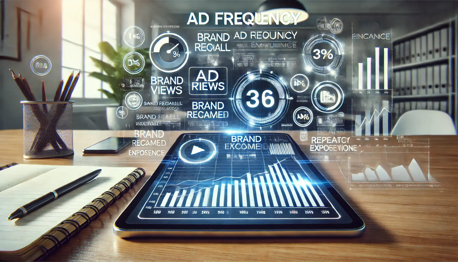 A tablet displaying an analytics dashboard with ad view metrics surrounded by digital marketing icons, such as video play symbols and a graph showing repeated exposure, in a modern workspace.